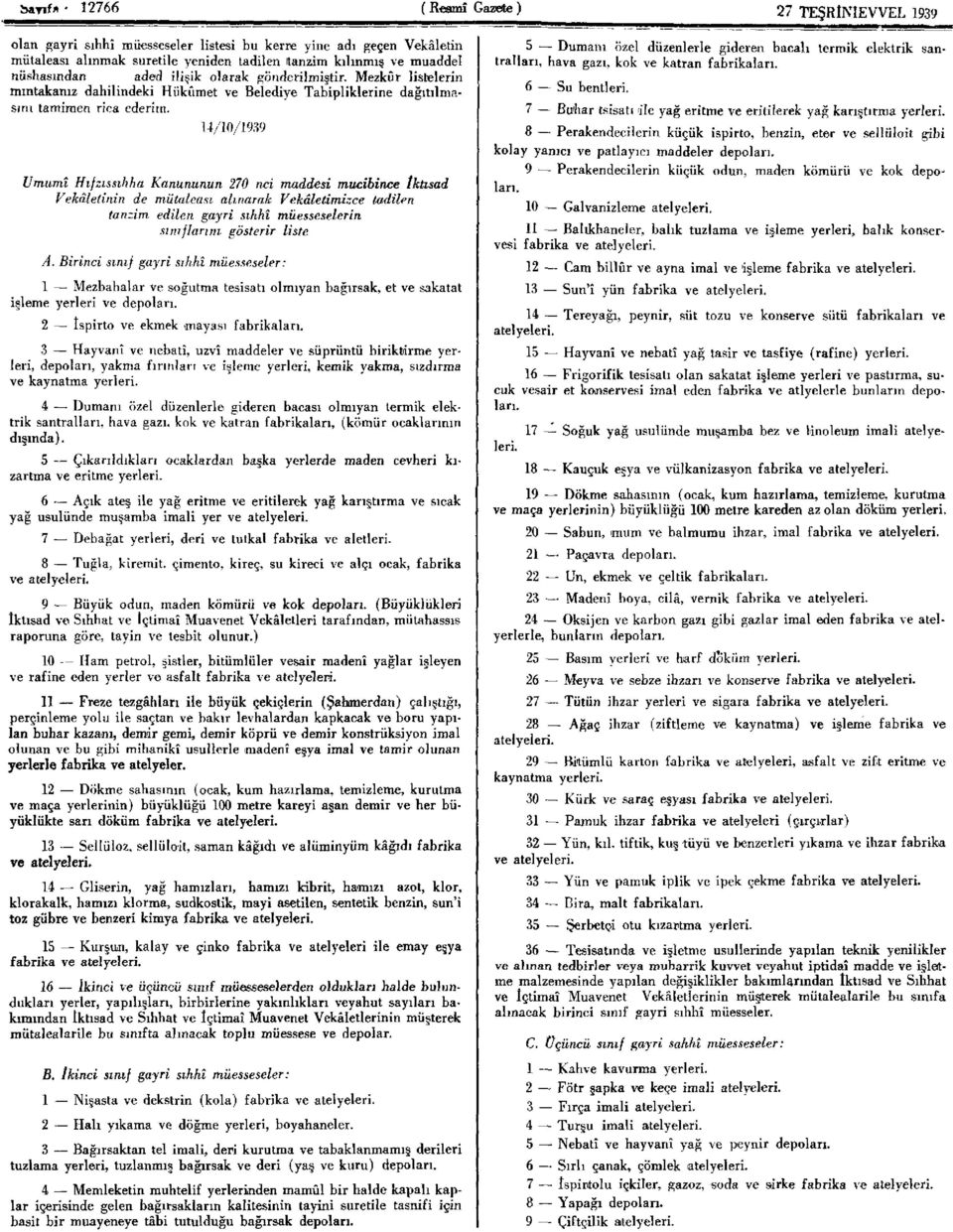 14/10/1939 Umumî Hıfzıssıhha Kanununun 270 nci maddesi mucibince tktısad Vekâletinin de mütaleası alınarak Vekâletimizce tadilen tanzim edilen gayri sıhhî müesseselerin sınıflarını gösterir liste A.