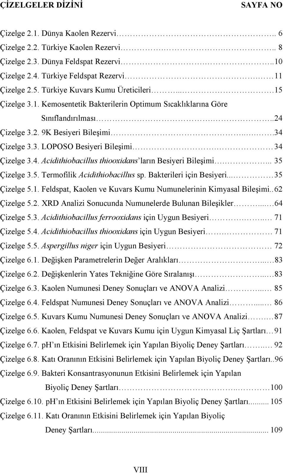 34 Çizelge 3.4. Acidithiobacillus thiooxidans ların Besiyeri Bileşimi.... 35 Çizelge 3.5. Termofilik Acidithiobacillus sp. Bakterileri için Besiyeri... 35 Çizelge 5.1.