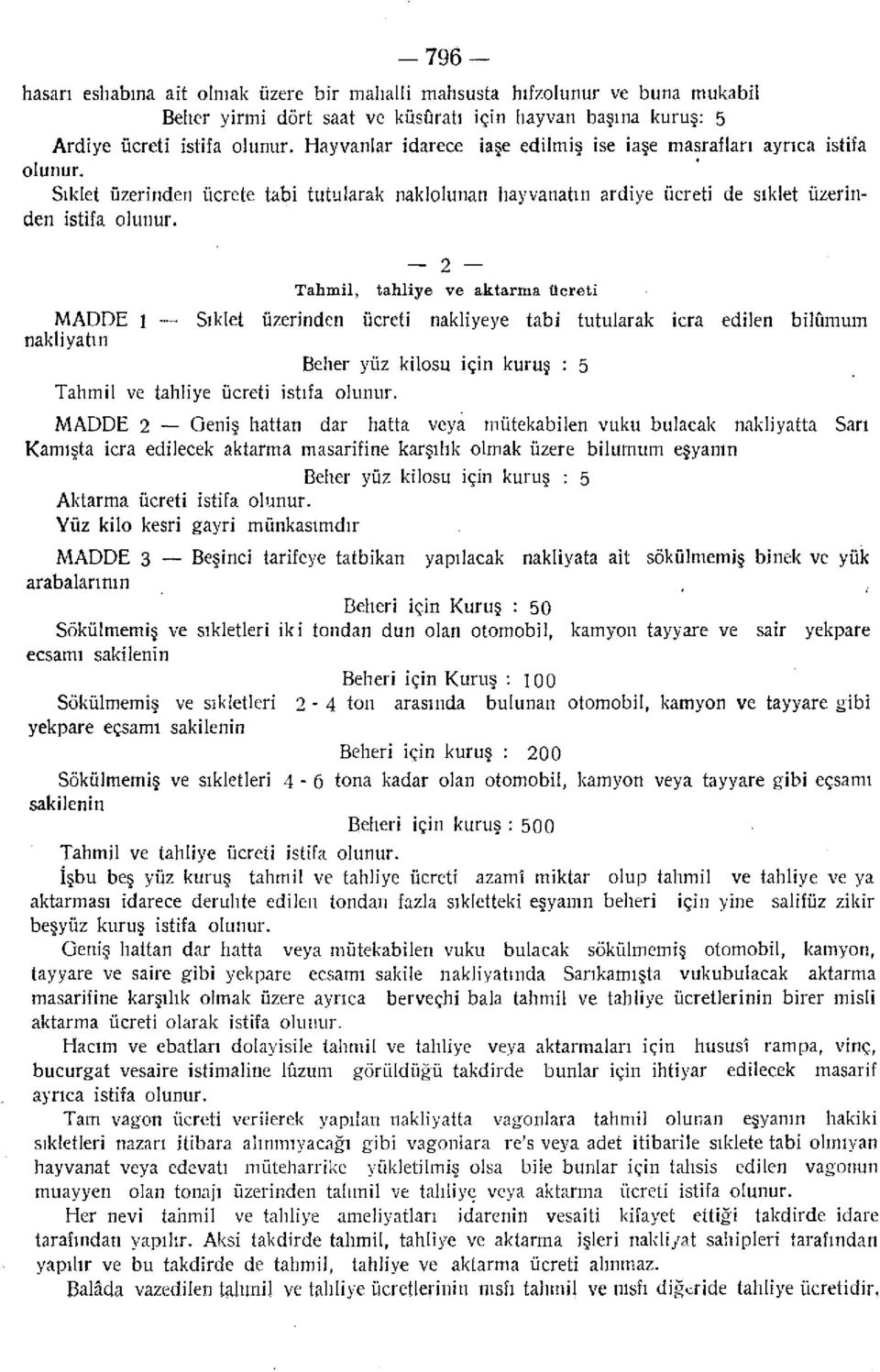 Tahmil, 2 tahliye ve aktarma ücreti MADDE i Sıklet üzerinden ücreti nakliyeye tabi tutularak icra edilen bilûmum nakliyatın Beher yüz kilosu için kuruş : 5 Tahmil ve tahliye ücreti istifa olunur.