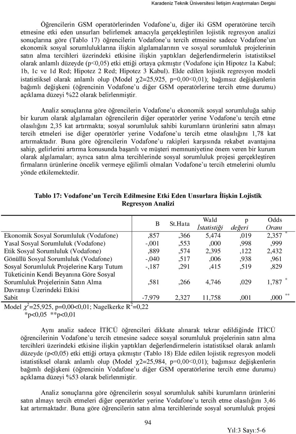 yaptıkları değerlendirmelerin istatistiksel olarak anlamlı düzeyde (p<0,05) etki ettiği ortaya çıkmıştır (Vodafone için Hipotez 1a Kabul; 1b, 1c ve 1d Red; Hipotez 2 Red; Hipotez 3 Kabul).