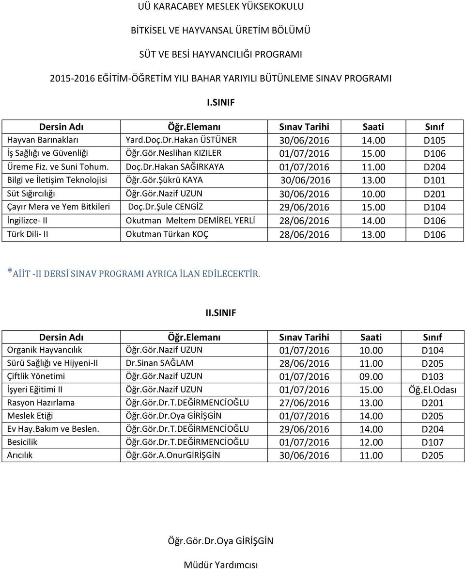 00 D201 Çayır Mera ve Yem Bitkileri Doç.Dr.Şule CENGİZ 29/06/2016 15.00 D104 Türk Dili- II Okutman Türkan KOÇ 28/06/2016 13.00 D106 Organik Hayvancılık Öğr.Gör.Nazif UZUN 01/07/2016 10.