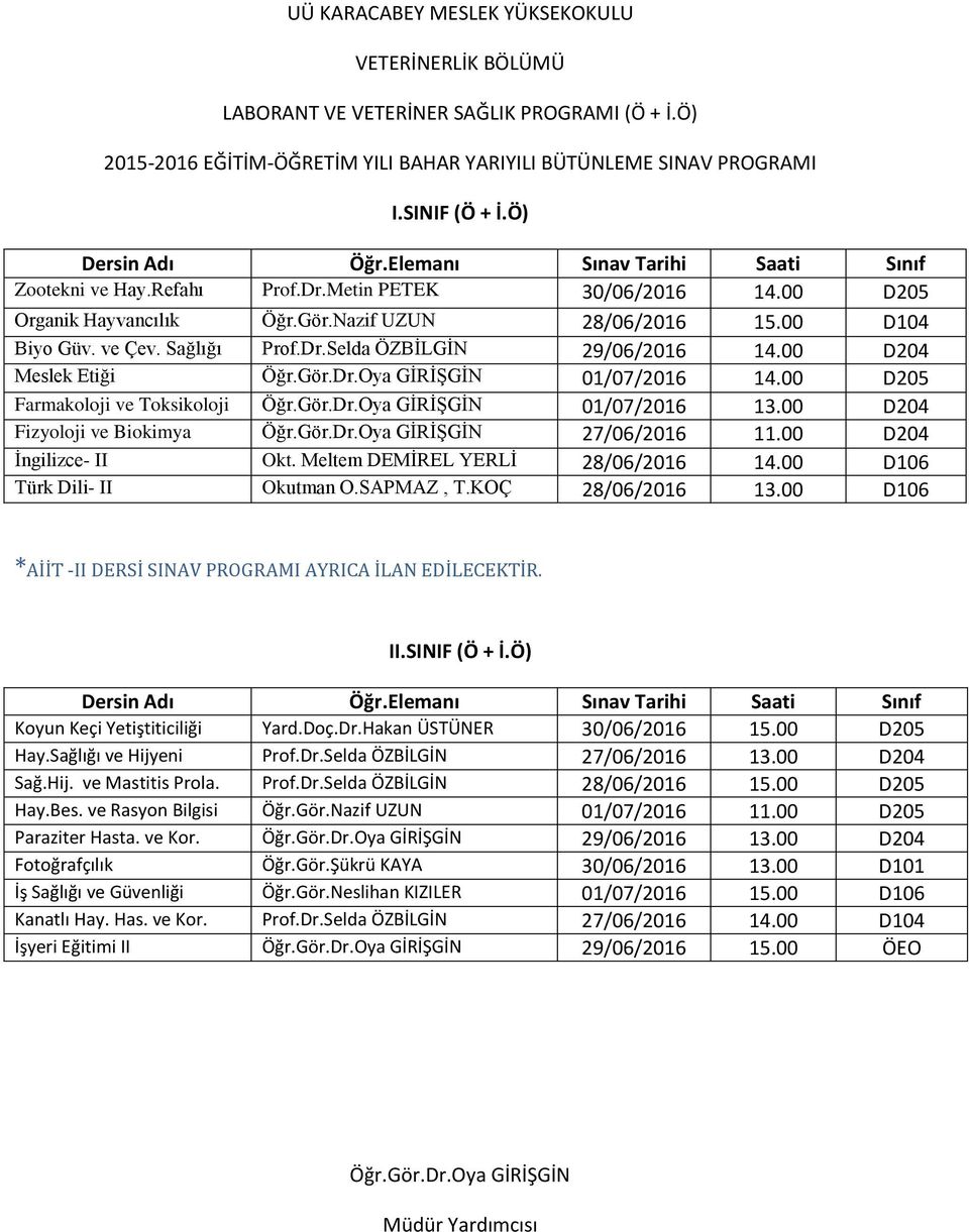 00 D204 İngilizce- II Okt. Meltem DEMİREL YERLİ 28/06/2016 14.00 D106 Türk Dili- II Okutman O.SAPMAZ, T.KOÇ 28/06/2016 13.00 D106 (Ö + İ.Ö) Koyun Keçi Yetiştiticiliği Yard.Doç.Dr.