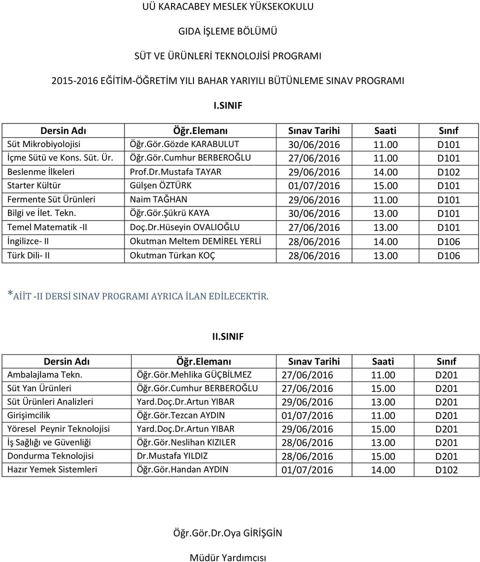 Öğr.Gör.Şükrü KAYA 30/06/2016 13.00 D101 Temel Matematik -II Doç.Dr.Hüseyin OVALIOĞLU 27/06/2016 13.00 D101 Türk Dili- II Okutman Türkan KOÇ 28/06/2016 13.00 D106 Ambalajlama Tekn. Öğr.Gör.Mehlika GÜÇBİLMEZ 27/06/2016 11.