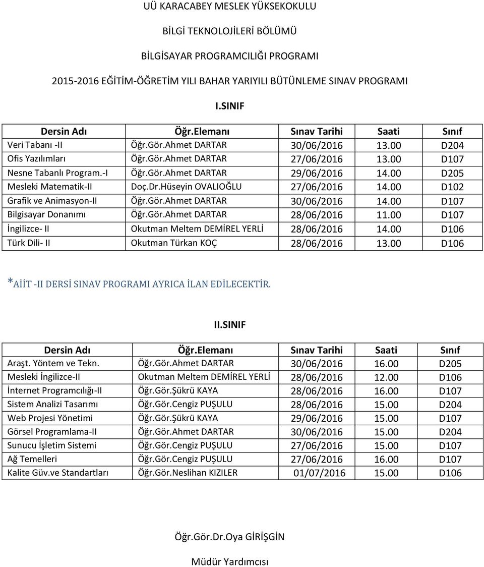 00 D107 Bilgisayar Donanımı Öğr.Gör.Ahmet DARTAR 28/06/2016 11.00 D107 Türk Dili- II Okutman Türkan KOÇ 28/06/2016 13.00 D106 Araşt. Yöntem ve Tekn. Öğr.Gör.Ahmet DARTAR 30/06/2016 16.