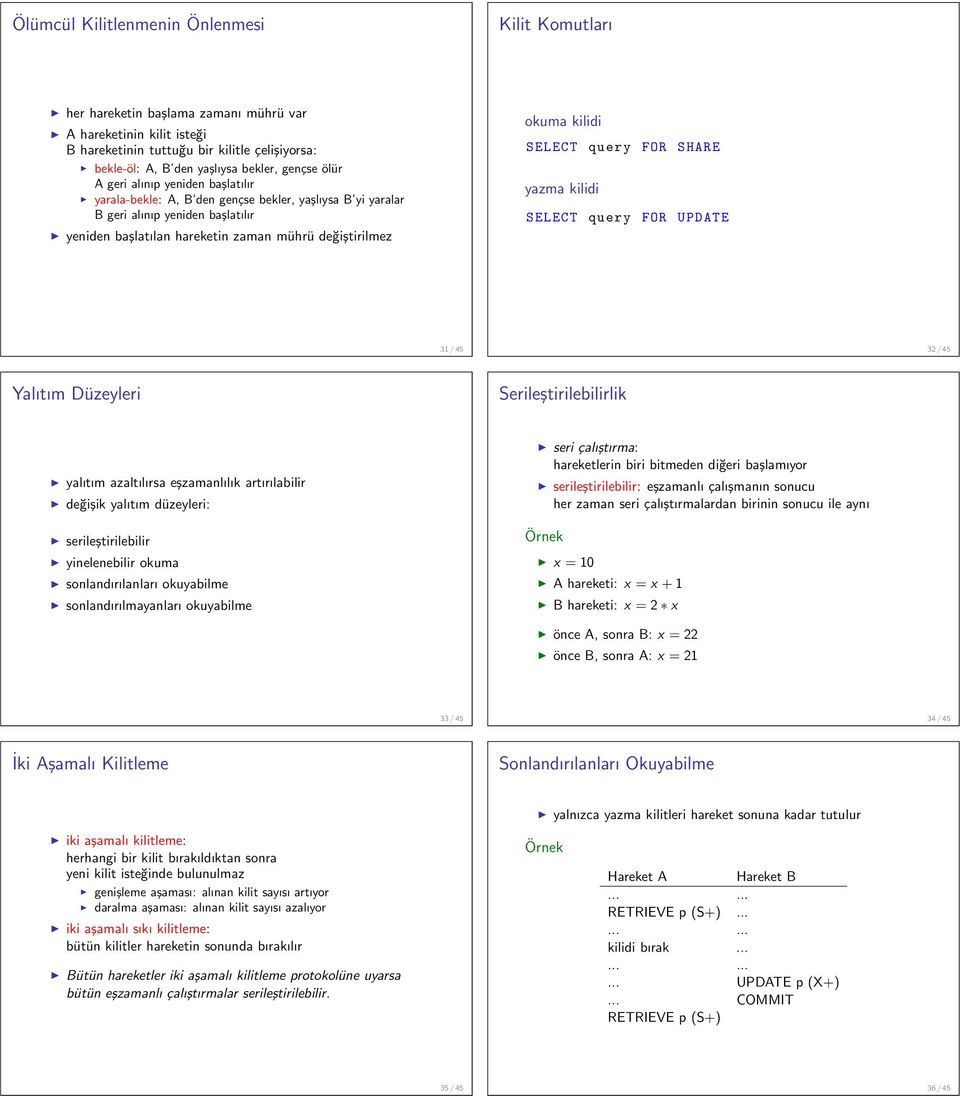FOR SHARE yazma kilidi SELECT query FOR UPDATE 31 / 45 32 / 45 Yalıtım Düzeyleri Serileştirilebilirlik yalıtım azaltılırsa eşzamanlılık artırılabilir değişik yalıtım düzeyleri: serileştirilebilir