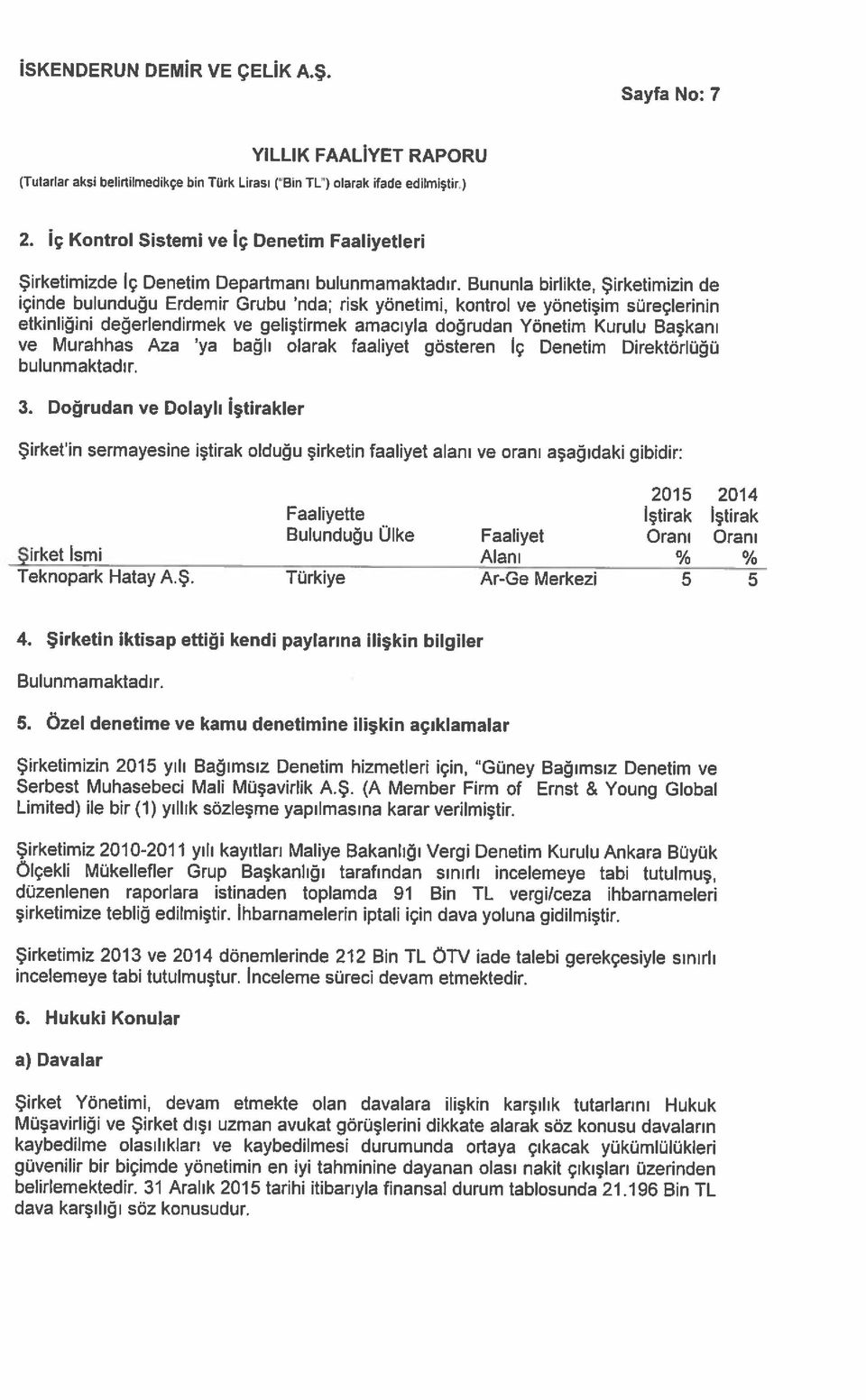 Bununla birlikte, Şirketimizin de içinde bulunduğu Erdemir Grubu nda; risk yönetimi, kontrol ve yönetişim süreçlerinin etkinliğini değerlendirmek ve geliştirmek amacıyla doğrudan Yönetim Kurulu