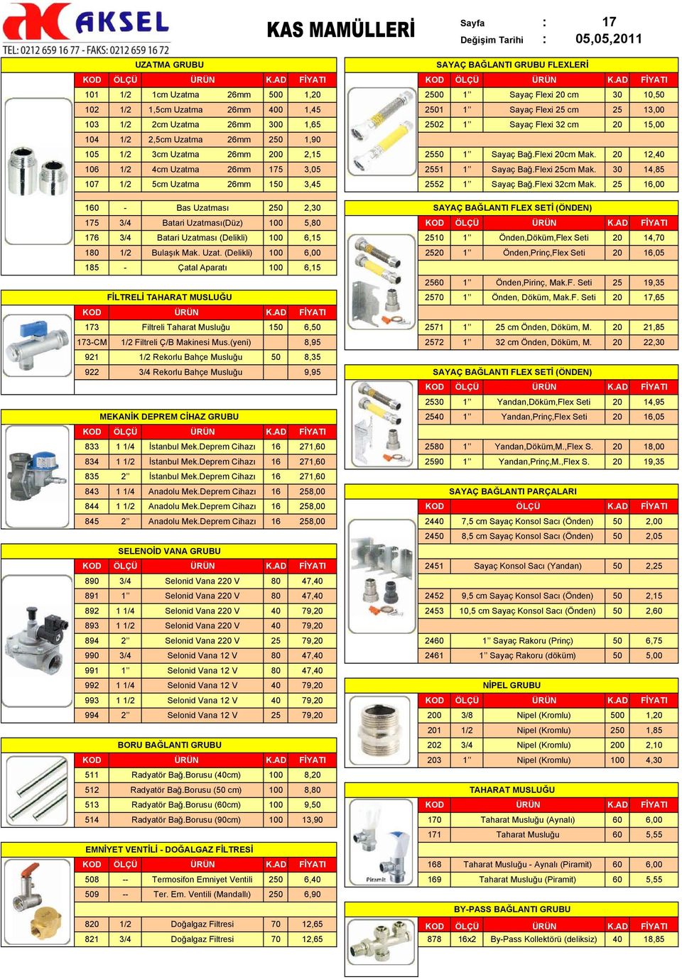 30 14,85,00 0 Bas Uzatması 2 2,30 175 3/4 Batari Uzatması(Düz) 0 5,80 176 835 511 5 513 514 3/4 180 Bulaşık Mak. Uzat. (Delikli) 0 185 173 173CM FİLTRELİ TAHARAT MUSLUĞU Filtreli Taharat Musluğu 1 Filtreli Ç/B Makinesi Mus.