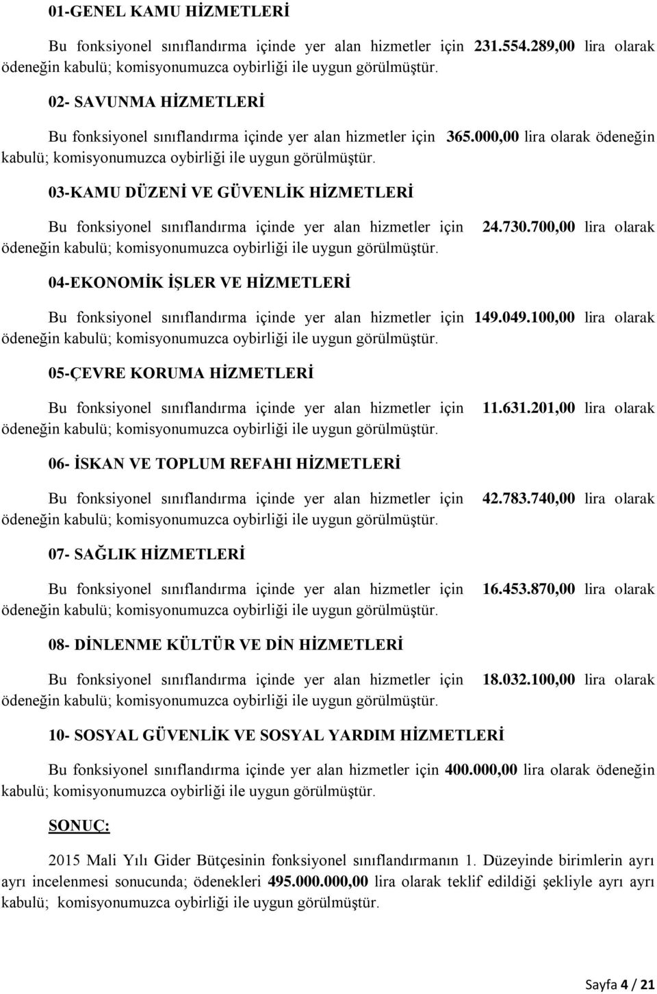 03-KAMU DÜZENİ VE GÜVENLİK HİZMETLERİ Bu fonksiyonel sınıflandırma içinde yer alan hizmetler için ödeneğin kabulü; komisyonumuzca oybirliği ile uygun görülmüştür. 24.730.