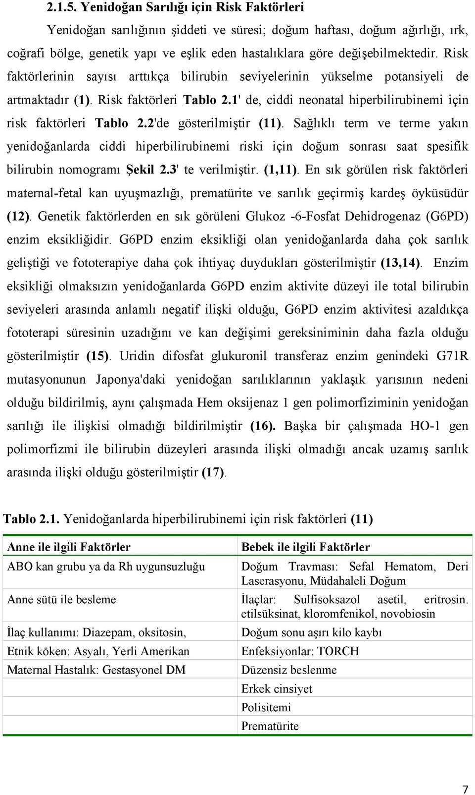 Risk faktörlerinin sayısı arttıkça bilirubin seviyelerinin yükselme potansiyeli de artmaktadır (1). Risk faktörleri Tablo 2.1' de, ciddi neonatal hiperbilirubinemi için risk faktörleri Tablo 2.