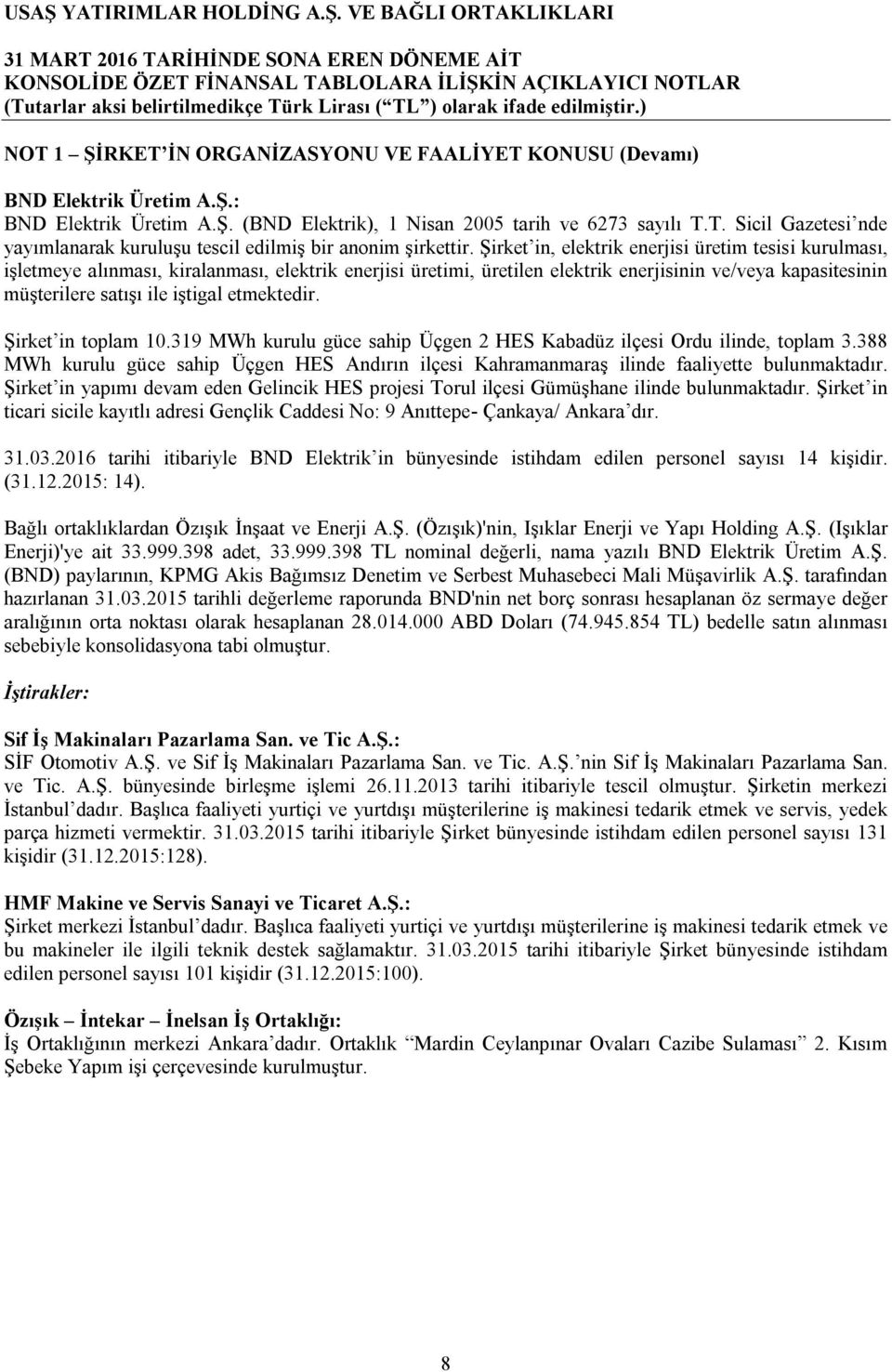 etmektedir. Şirket in toplam 10.319 MWh kurulu güce sahip Üçgen 2 HES Kabadüz ilçesi Ordu ilinde, toplam 3.