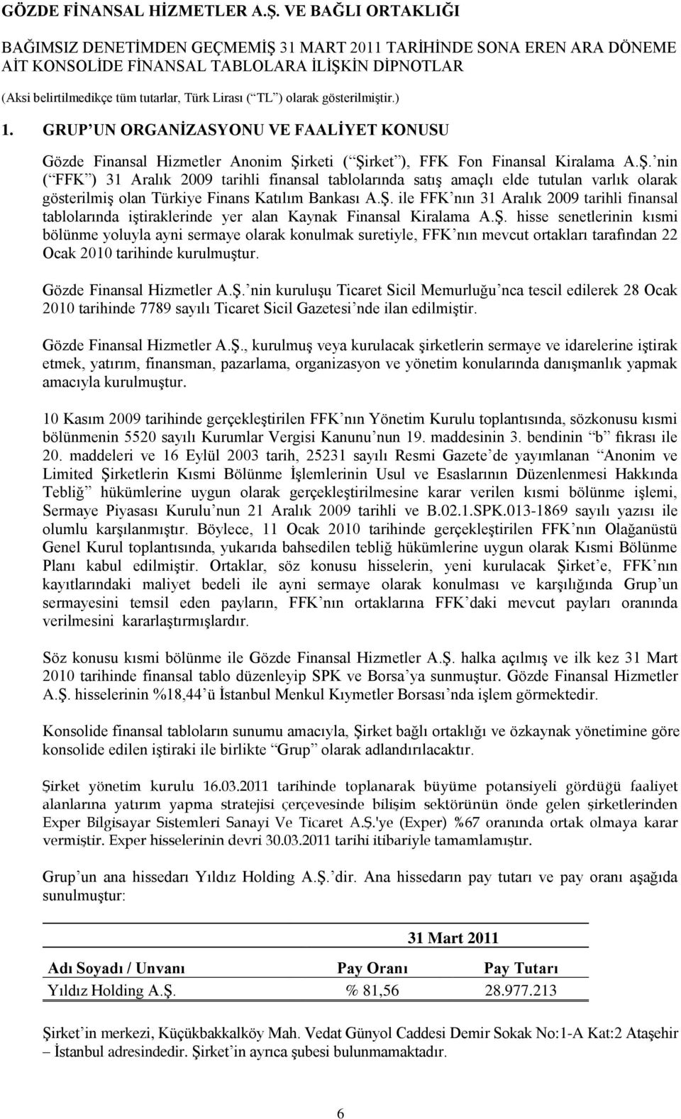 ġ. hisse senetlerinin kısmi bölünme yoluyla ayni sermaye olarak konulmak suretiyle, FFK nın mevcut ortakları tarafından 22 Ocak 2010 tarihinde kurulmuģtur. Gözde Finansal Hizmetler A.ġ. nin kuruluģu Ticaret Sicil Memurluğu nca tescil edilerek 28 Ocak 2010 tarihinde 7789 sayılı Ticaret Sicil Gazetesi nde ilan edilmiģtir.