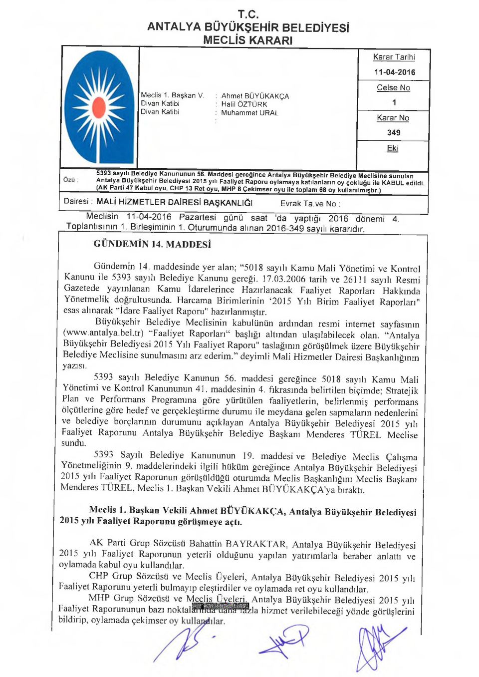 Maddesi gereğince Antalya Büyükşehir Belediye Meclisine sunulan Antalya Büyükşehir Belediyesi 2015 yılı Faaliyet Raporu oylamaya katılanların oy çokluğu ile KABUL edildi.