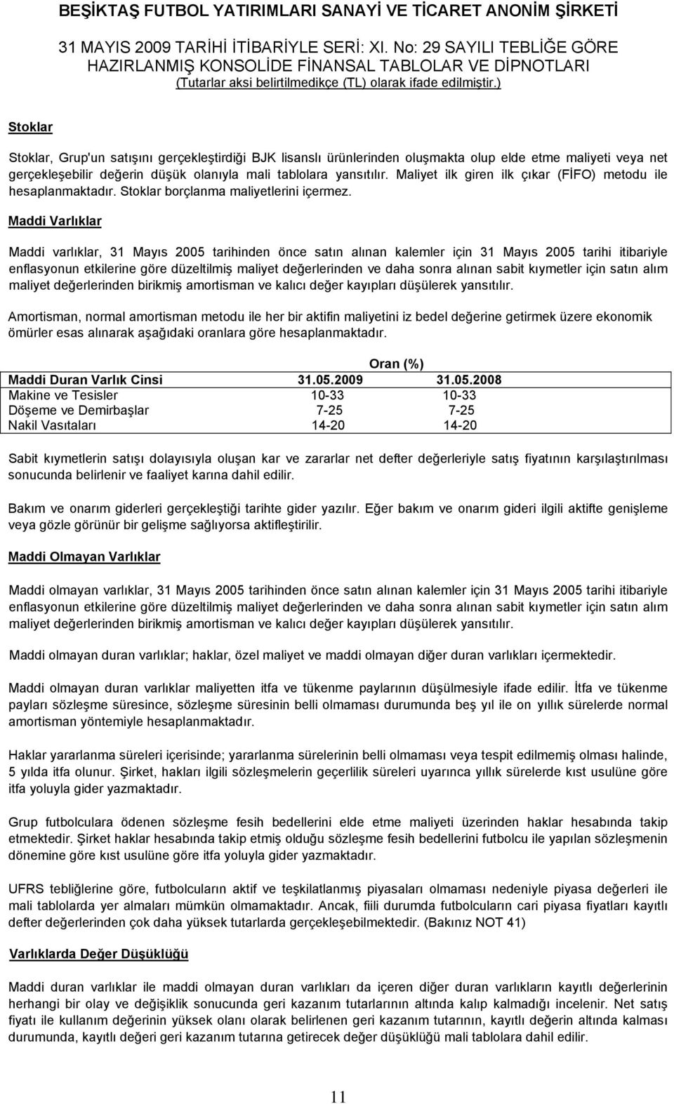 Maddi Varlıklar Maddi varlıklar, 31 Mayıs 2005 tarihinden önce satın alınan kalemler için 31 Mayıs 2005 tarihi itibariyle enflasyonun etkilerine göre düzeltilmiş maliyet değerlerinden ve daha sonra