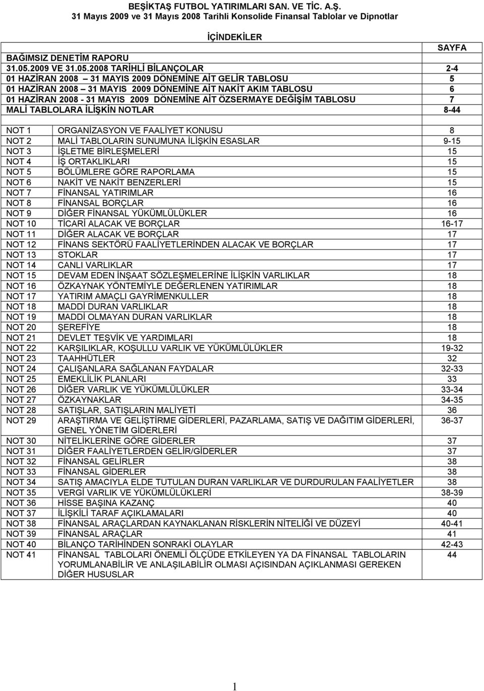 2008 TARİHLİ BİLANÇOLAR 2-4 01 HAZİRAN 2008 31 MAYIS 2009 DÖNEMİNE AİT GELİR TABLOSU 5 01 HAZİRAN 2008 31 MAYIS 2009 DÖNEMİNE AİT NAKİT AKIM TABLOSU 6 01 HAZİRAN 2008-31 MAYIS 2009 DÖNEMİNE AİT