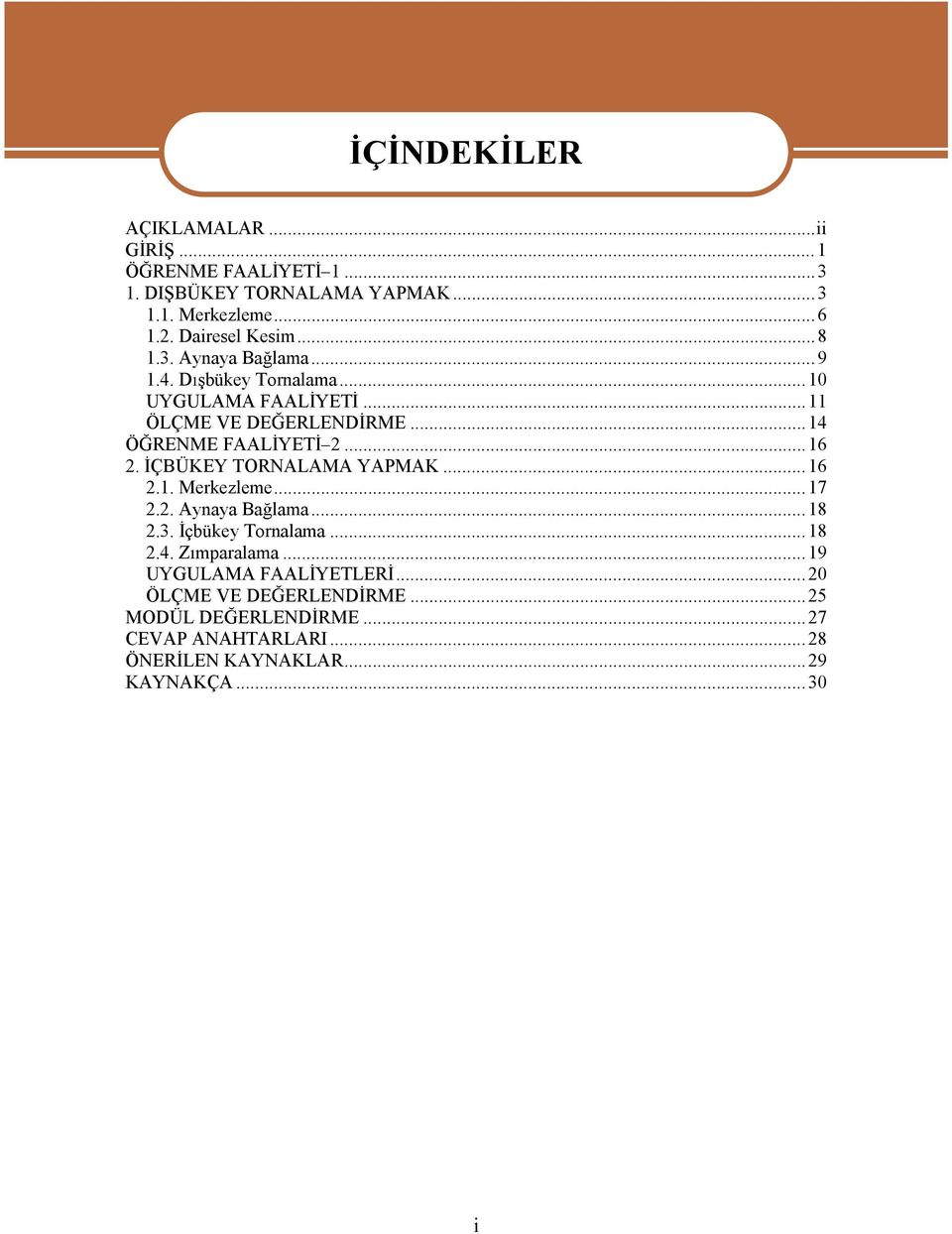 ÇBÜKEYTORNALAMA YAPMAK...16 2.1. Merkezleme...17 2.2. Aynaya Ba lama...18 2.3. çbükeytornalama...18 2.4. Zmparalama.