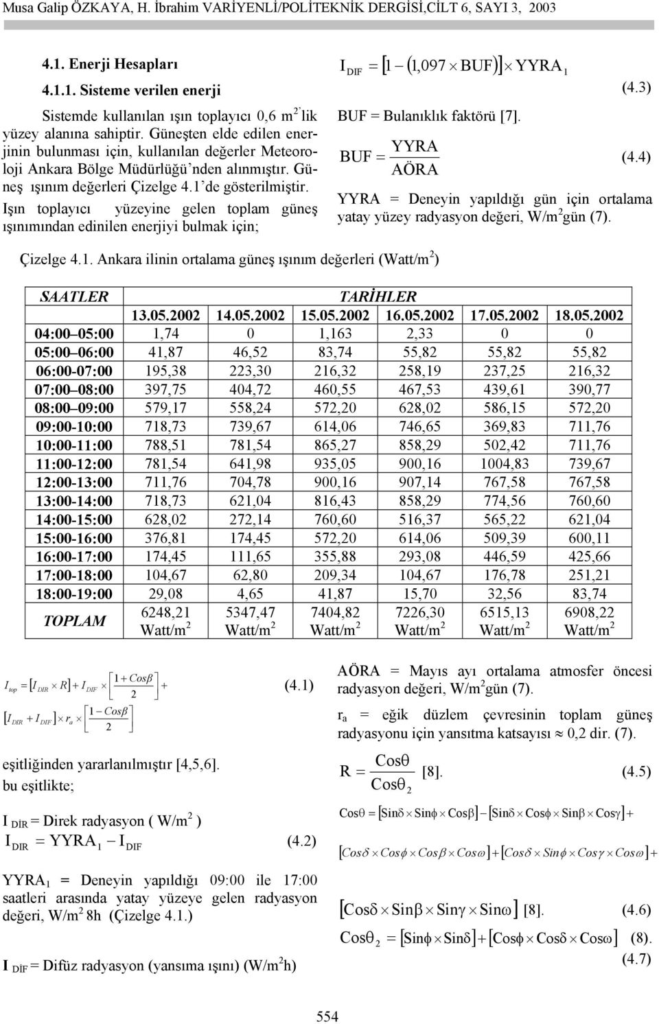 Işın toplayıcı yüzeyine gelen toplam güneş ışınımından edinilen enerjiyi bulmak için; [ 1 ( 1,097 BUF) ] YYRA1 I = BUF = Bulanıklık faktörü [7]. (4.3) YYRA BUF = (4.