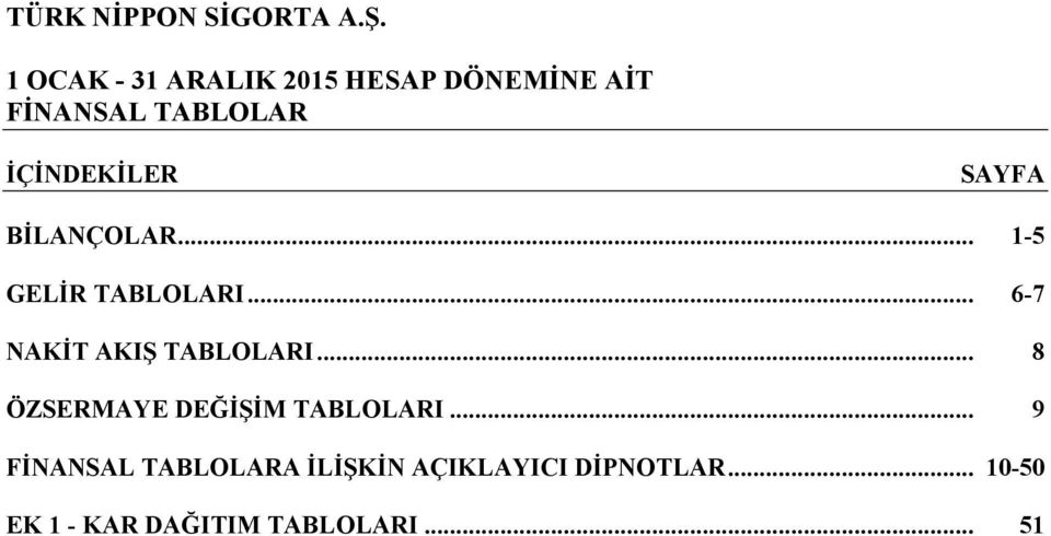 .. 15 GELİR TABLOLARI... 67 NAKİT AKIŞ TABLOLARI.