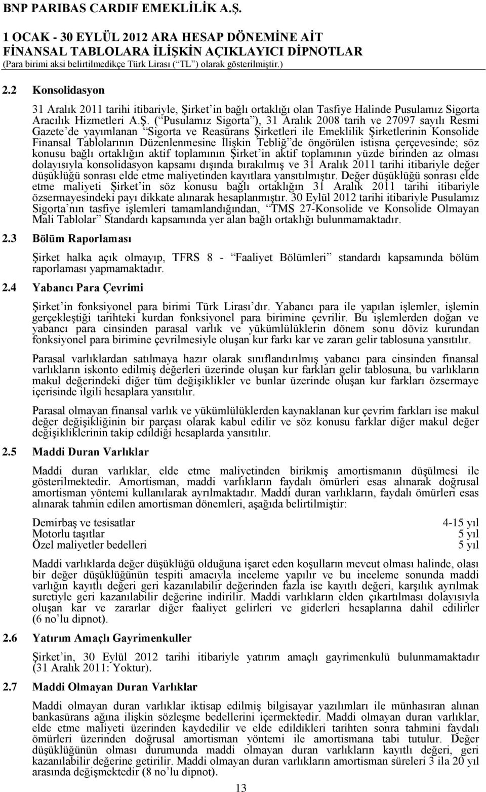 ( Pusulamız Sigorta ), 31 Aralık 2008 tarih ve 27097 sayılı Resmi Gazete de yayımlanan Sigorta ve Reasürans ġirketleri ile Emeklilik ġirketlerinin Konsolide Finansal Tablolarının Düzenlenmesine