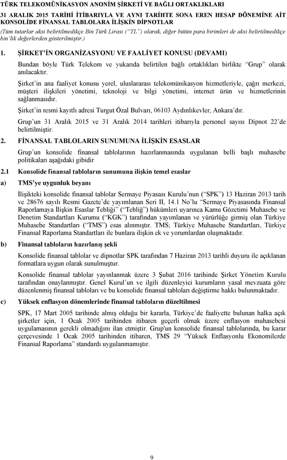 Şirket in resmi kayıtlı adresi Turgut Özal Bulvarı, 06103 Aydınlıkevler, Ankara dır. Grup un 31 Aralık 20