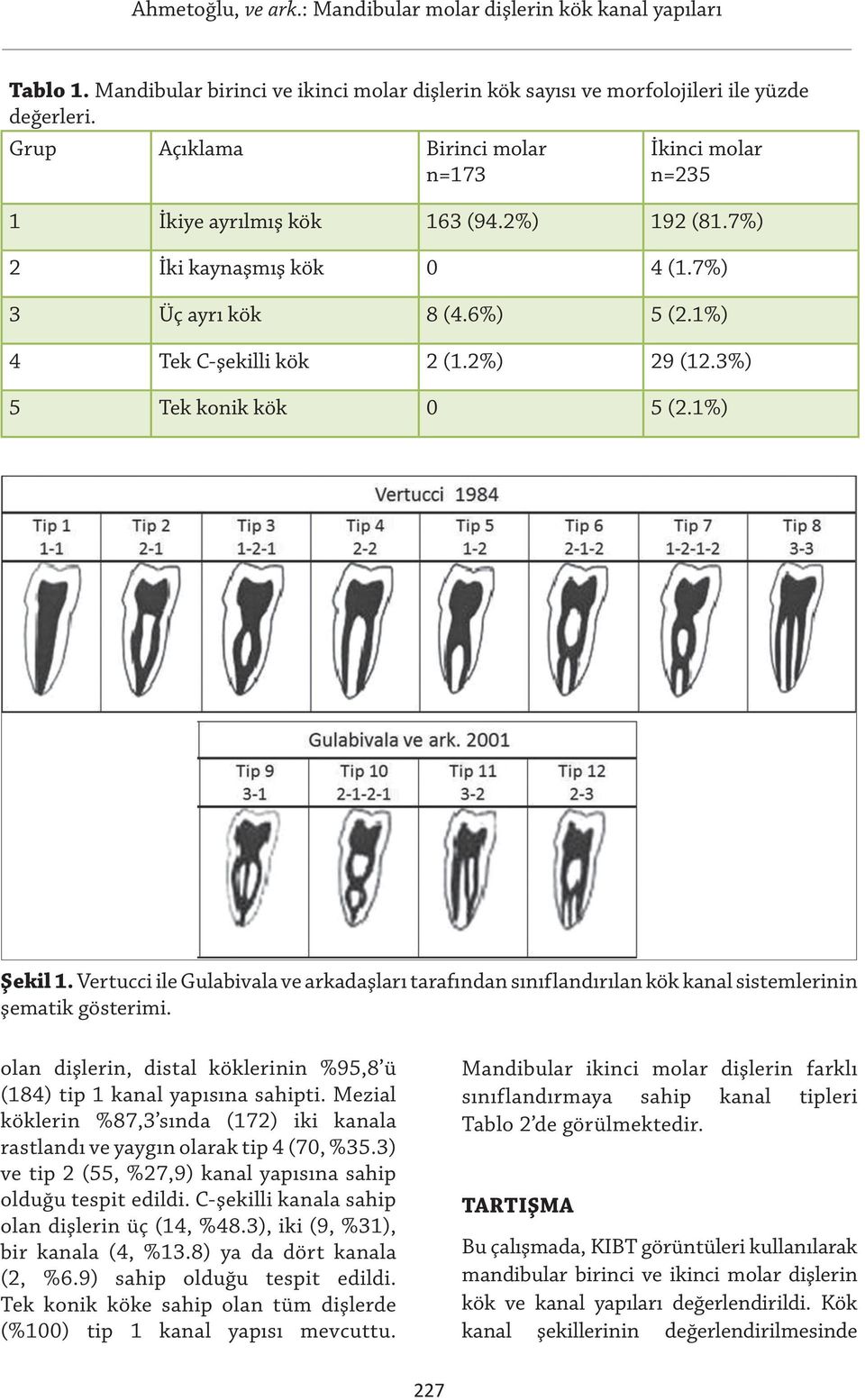 Vertucci ile Gulabivala ve arkadaşları tarafından sınıflandırılan kök kanal sistemlerinin şematik gösterimi. olan dişlerin, distal köklerinin %95,8 ü (184) tip 1 kanal yapısına sahipti.