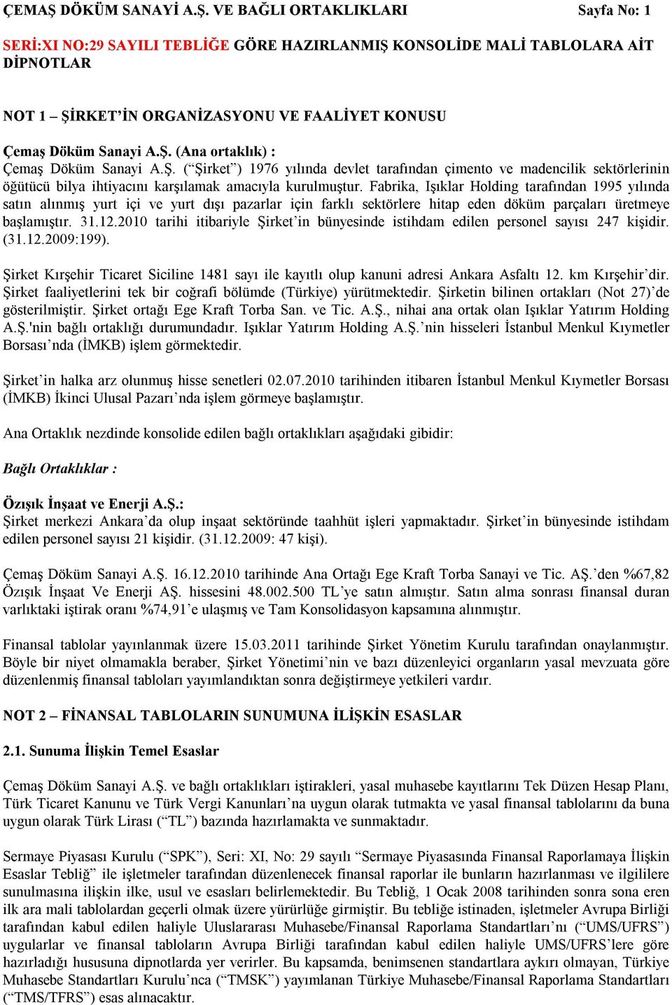 2010 tarihi itibariyle Şirket in bünyesinde istihdam edilen personel sayısı 247 kişidir. (31.12.2009:199). Şirket Kırşehir Ticaret Siciline 1481 sayı ile kayıtlı olup kanuni adresi Ankara Asfaltı 12.