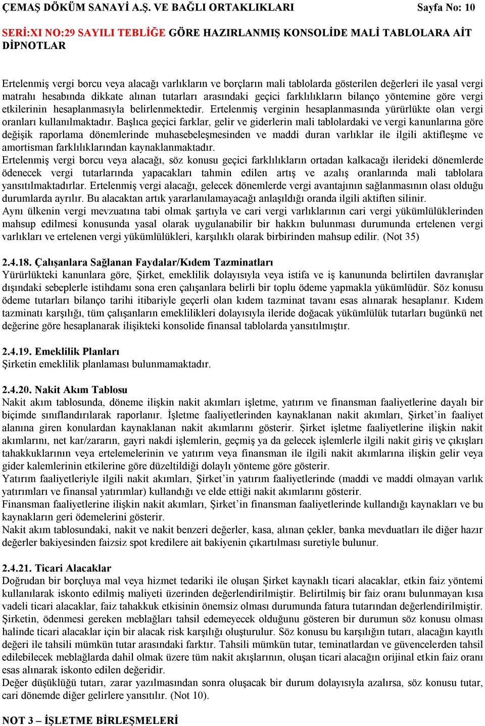 VE BAĞLI ORTAKLIKLARI Sayfa No: 10 Ertelenmiş vergi borcu veya alacağı varlıkların ve borçların mali tablolarda gösterilen değerleri ile yasal vergi matrahı hesabında dikkate alınan tutarları