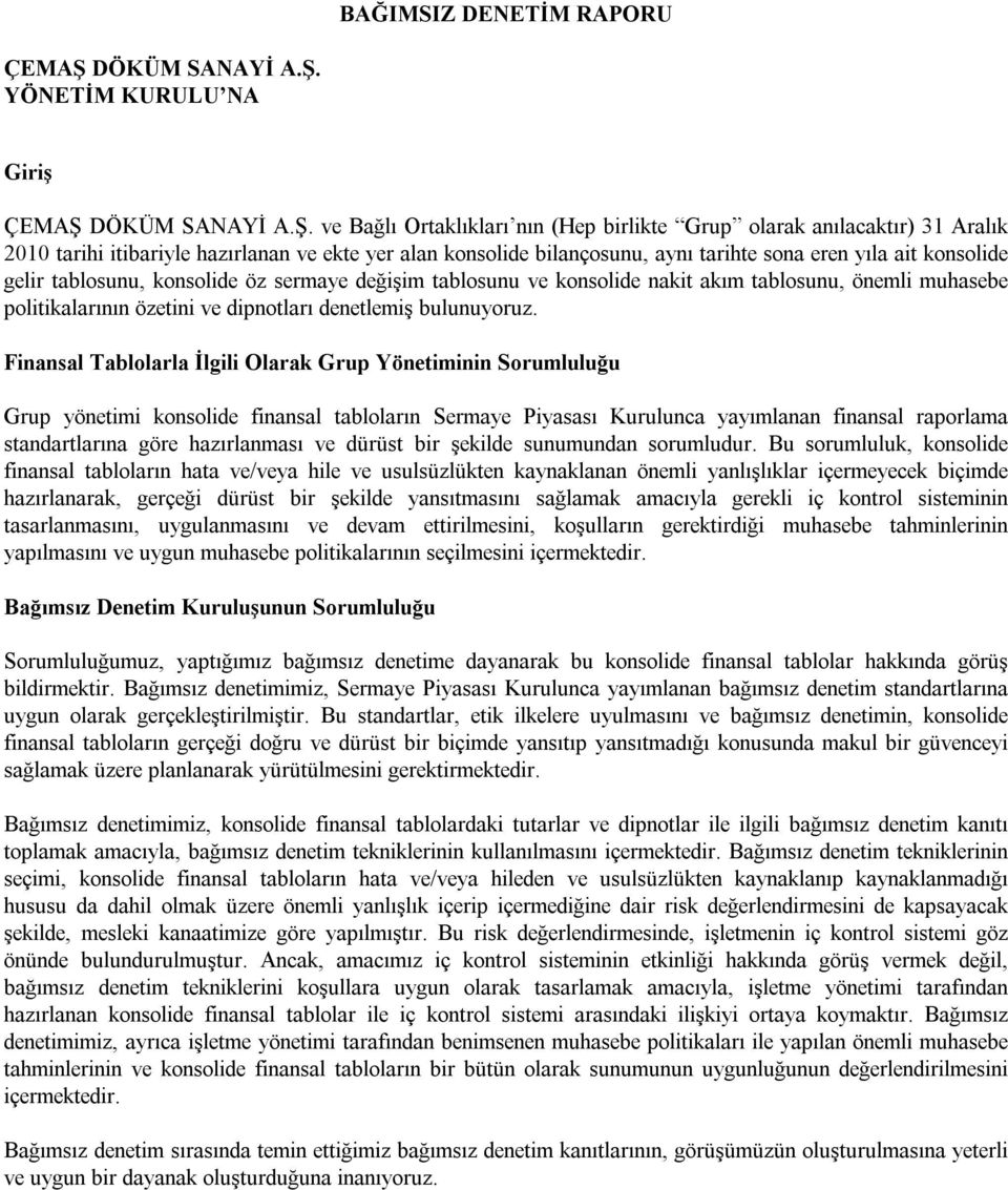 YÖNETİM KURULU NA Giriş ÇEMAŞ  ve Bağlı Ortaklıkları nın (Hep birlikte Grup olarak anılacaktır) 31 Aralık 2010 tarihi itibariyle hazırlanan ve ekte yer alan konsolide bilançosunu, aynı tarihte sona