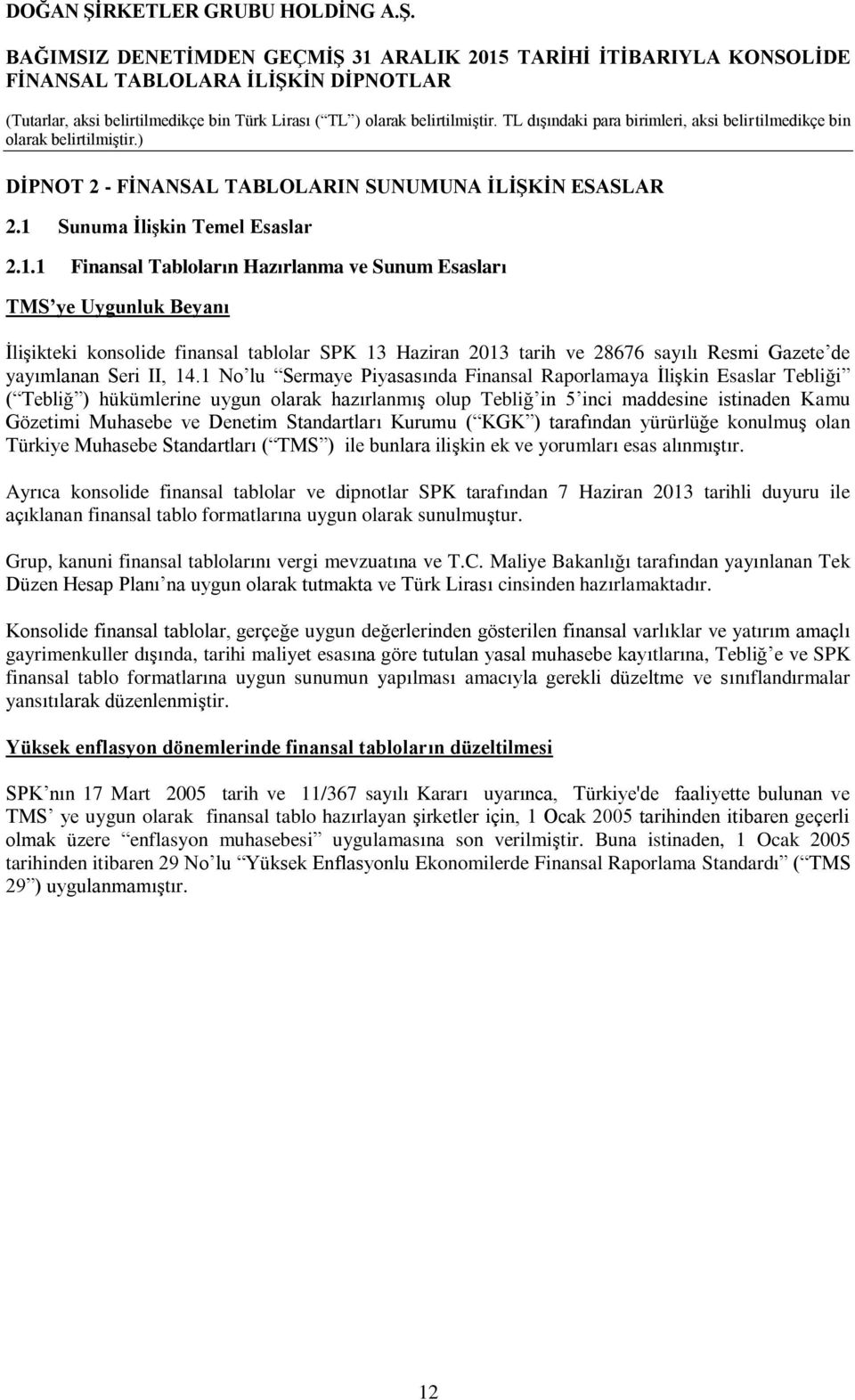 TARİHİ İTİBARIYLA KONSOLİDE DİPNOT 2 - FİNANSAL TABLOLARIN SUNUMUNA İLİŞKİN ESASLAR 2.1 