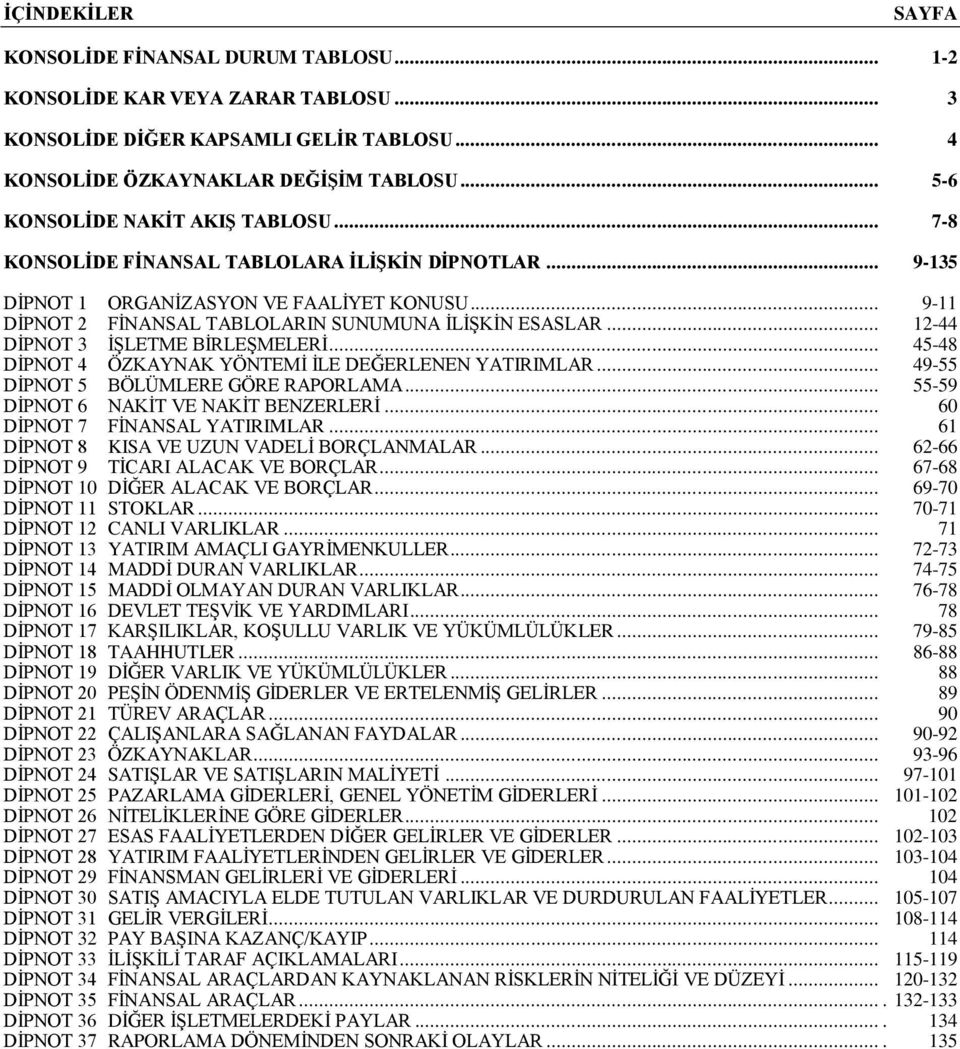 .. 12-44 DİPNOT 3 İŞLETME BİRLEŞMELERİ... 45-48 DİPNOT 4 ÖZKAYNAK YÖNTEMİ İLE DEĞERLENEN YATIRIMLAR... 49-55 DİPNOT 5 BÖLÜMLERE GÖRE RAPORLAMA... 55-59 DİPNOT 6 NAKİT VE NAKİT BENZERLERİ.
