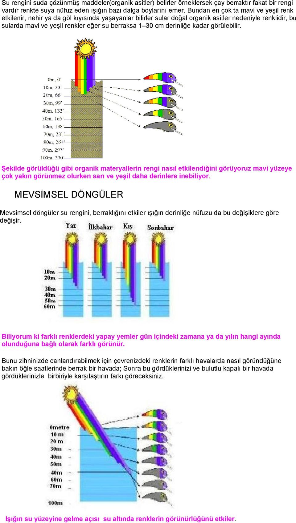 derinliğe kadar görülebilir. Şekilde görüldüğü gibi organik materyallerin rengi nasıl etkilendiğini görüyoruz mavi yüzeye çok yakın görünmez olurken sarı ve yeşil daha derinlere inebiliyor.