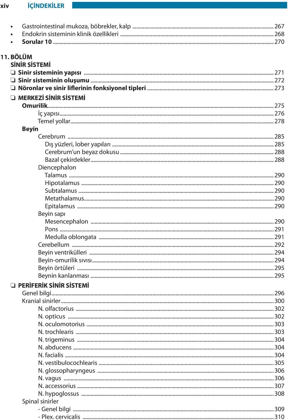 .. 285 Dış yüzleri, lober yapıları... 285 Cerebrum un beyaz dokusu... 288 Bazal çekirdekler... 288 Diencephalon Talamus... 290 Hipotalamus... 290 Subtalamus... 290 Metathalamus... 290 Epitalamus.