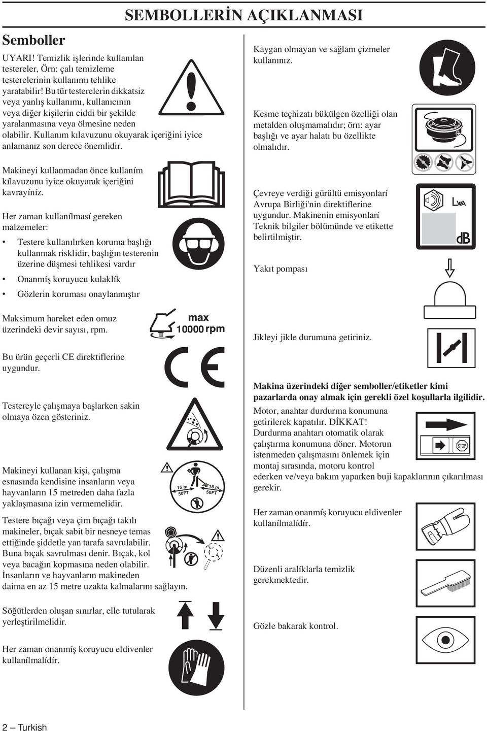 SEMBOLLER N AÇIKLANMASI Kaygan olmayan ve sa lam çizmeler kullanınız. Kesme teçhizatı bükülgen özelli i olan metalden oluflmamalıdır; örn: ayar bafllı ı ve ayar halatı bu özellikte olmalıdır.