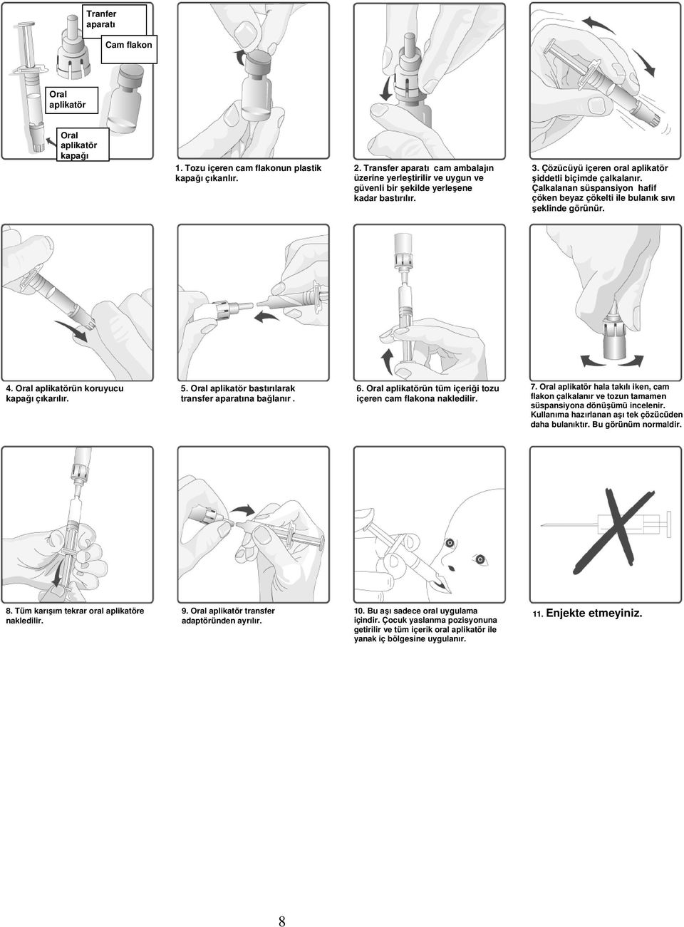 Çalkalanan süspansiyon hafif çöken beyaz çökelti ile bulanık sıvı şeklinde görünür. 4. Oral aplikatörün koruyucu kapağı çıkarılır. 5. Oral aplikatör bastırılarak transfer aparatına bağlanır. 6.