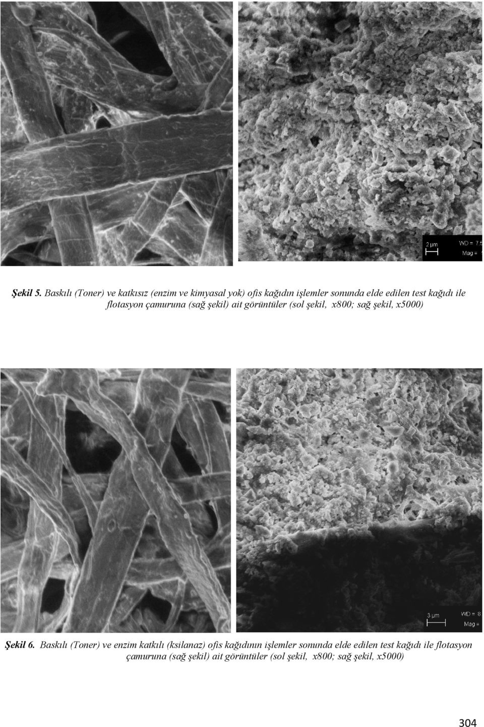 kağıdı ile flotasyon çamuruna (sağ şekil) ait görüntüler (sol şekil, x800; sağ şekil, x5000) Şekil