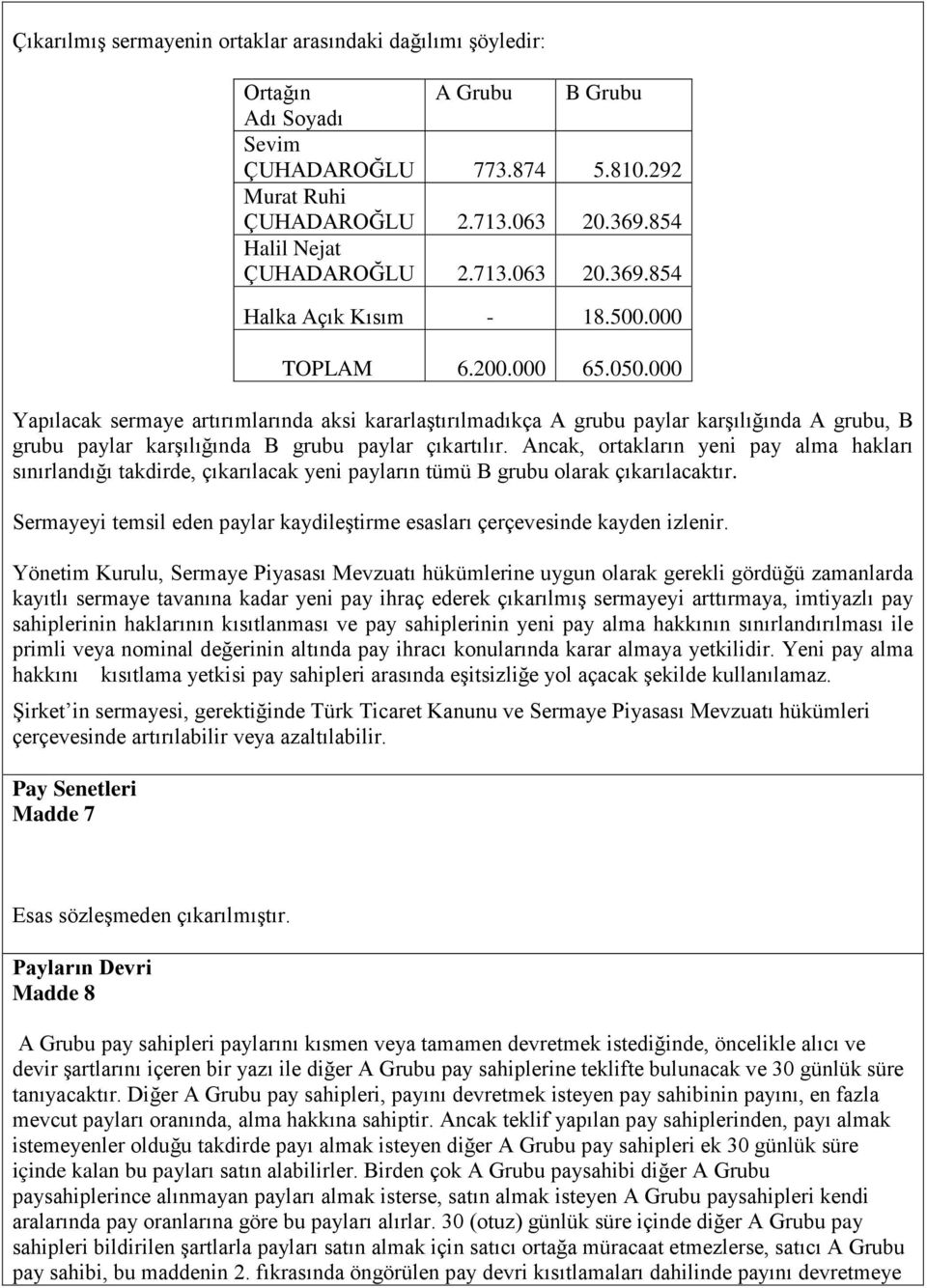 000 Yapılacak sermaye artırımlarında aksi kararlaştırılmadıkça A grubu paylar karşılığında A grubu, B grubu paylar karşılığında B grubu paylar çıkartılır.