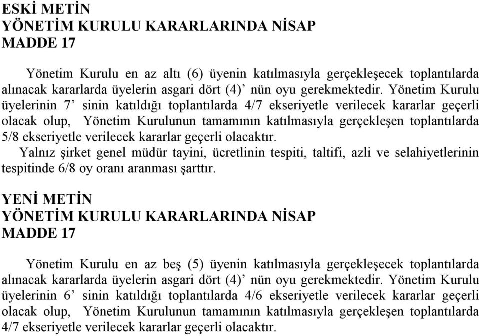 verilecek kararlar geçerli olacaktır. Yalnız şirket genel müdür tayini, ücretlinin tespiti, taltifi, azli ve selahiyetlerinin tespitinde 6/8 oy oranı aranması şarttır.