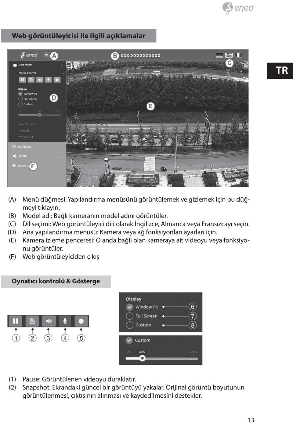 Ana yapılandırma menüsü: Kamera veya ağ fonksiyonları ayarları için. Kamera izleme penceresi: O anda bağlı olan kameraya ait videoyu veya fonksiyonu görüntüler.