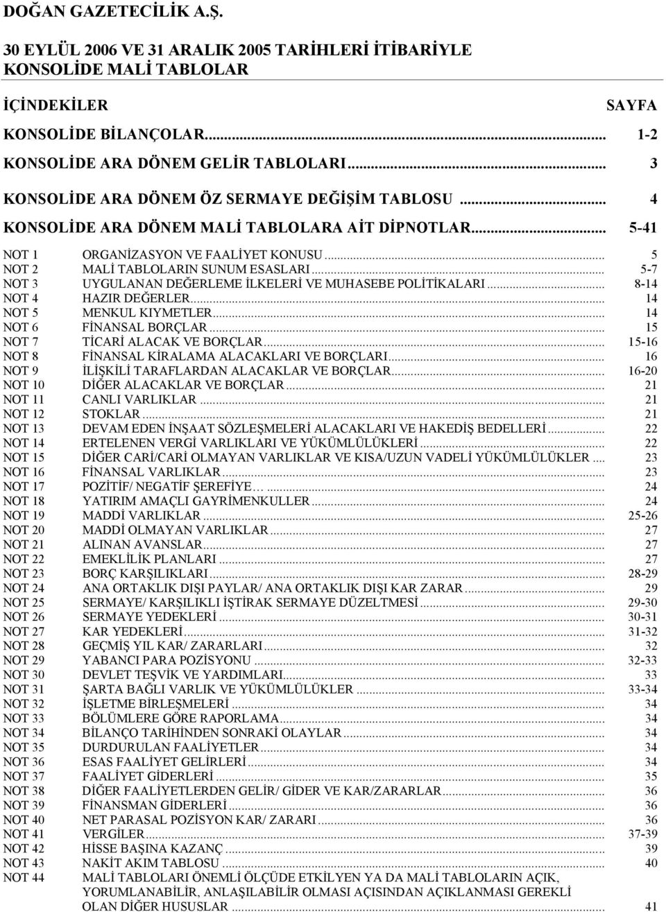 .. 5-7 NOT 3 UYGULANAN DEĞERLEME İLKELERİ VE MUHASEBE POLİTİKALARI... 8-14 NOT 4 HAZIR DEĞERLER... 14 NOT 5 MENKUL KIYMETLER... 14 NOT 6 FİNANSAL BORÇLAR... 15 NOT 7 TİCARİ ALACAK VE BORÇLAR.