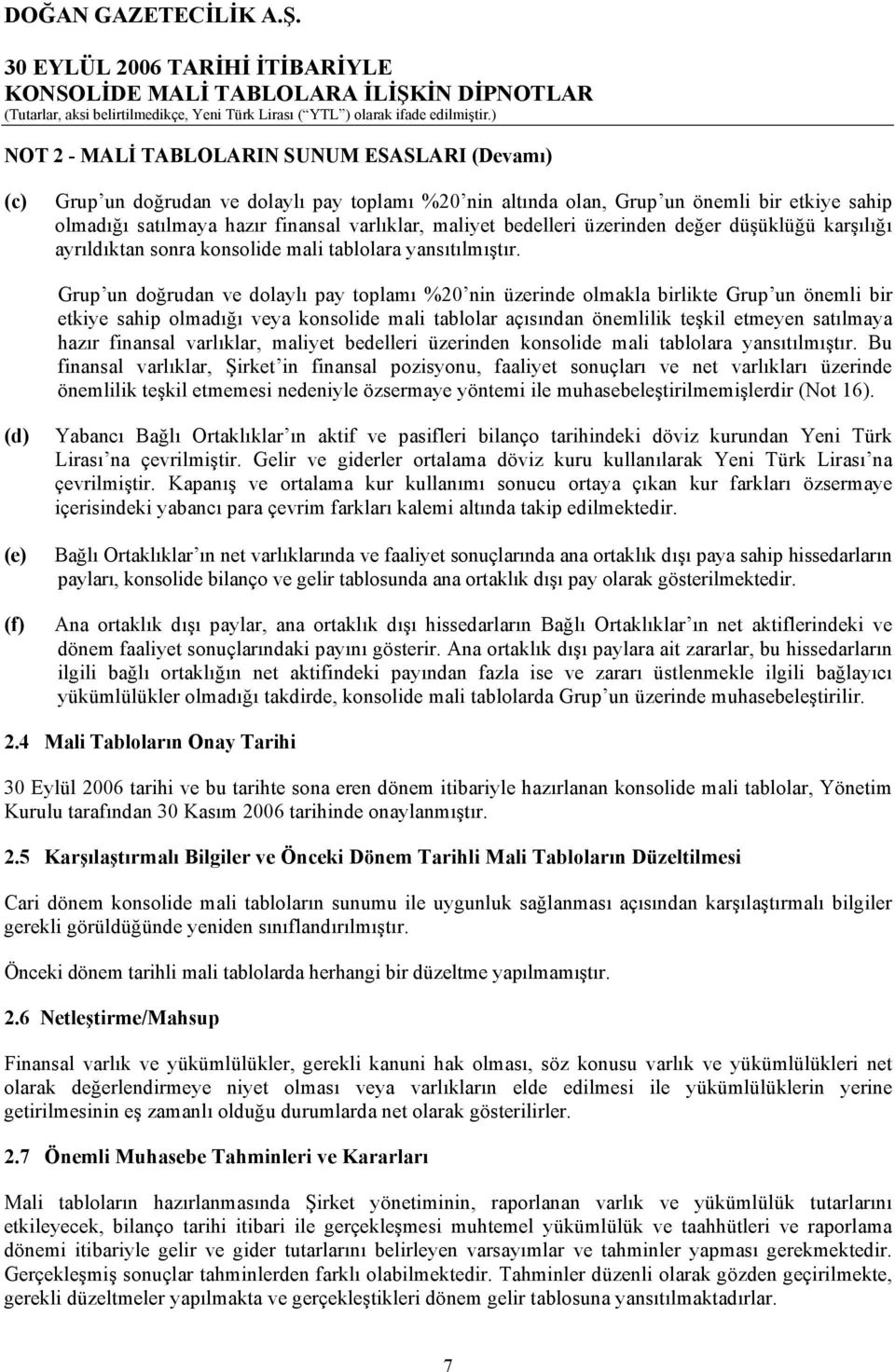 Grup un doğrudan ve dolaylı pay toplamı %20 nin üzerinde olmakla birlikte Grup un önemli bir etkiye sahip olmadığı veya konsolide mali tablolar açısından önemlilik teşkil etmeyen satılmaya hazır