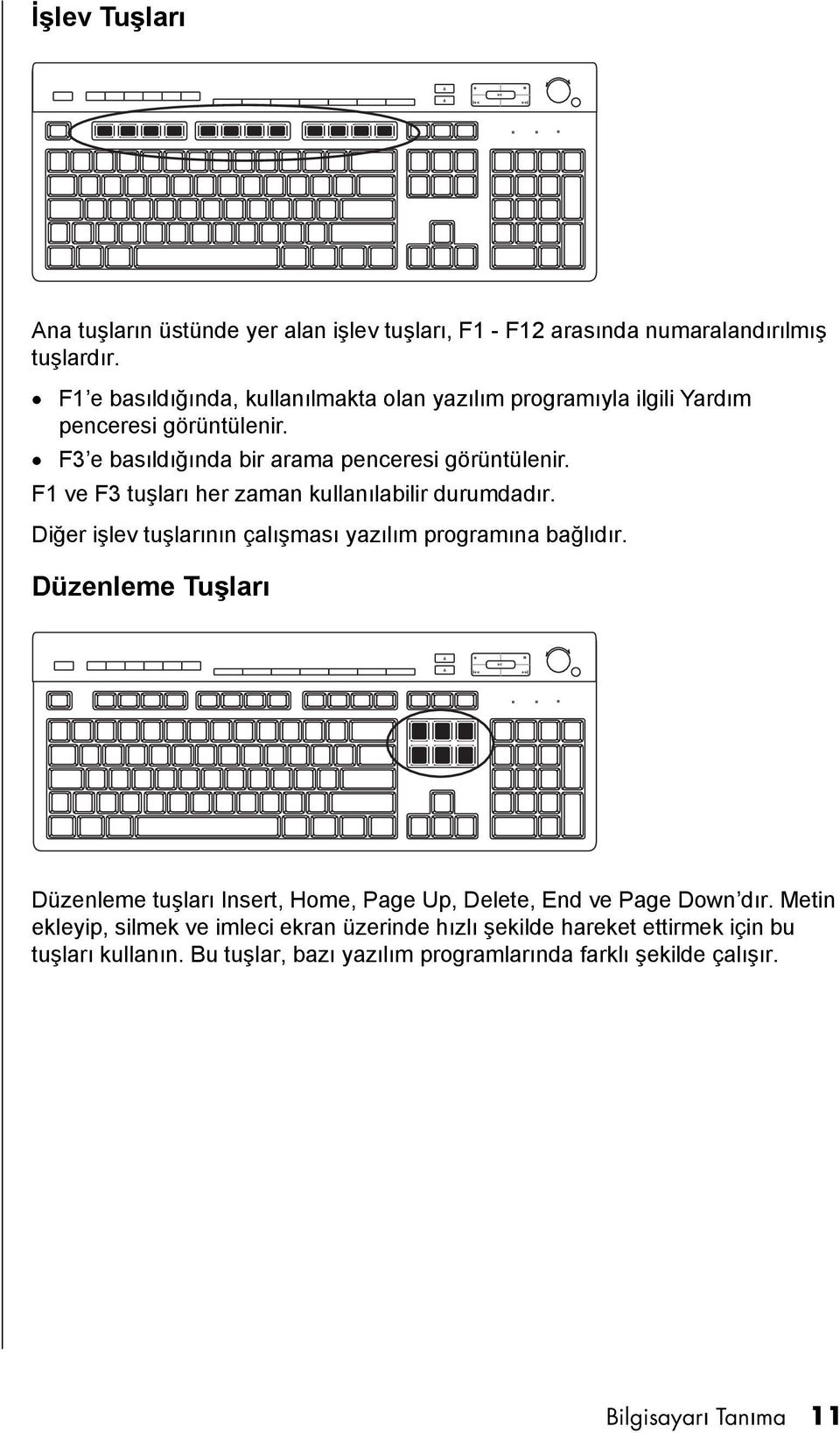 F1 ve F3 tuşlarõ her zaman kullanõlabilir durumdadõr. Diğer işlev tuşlarõnõn çalõşmasõ yazõlõm programõna bağlõdõr.