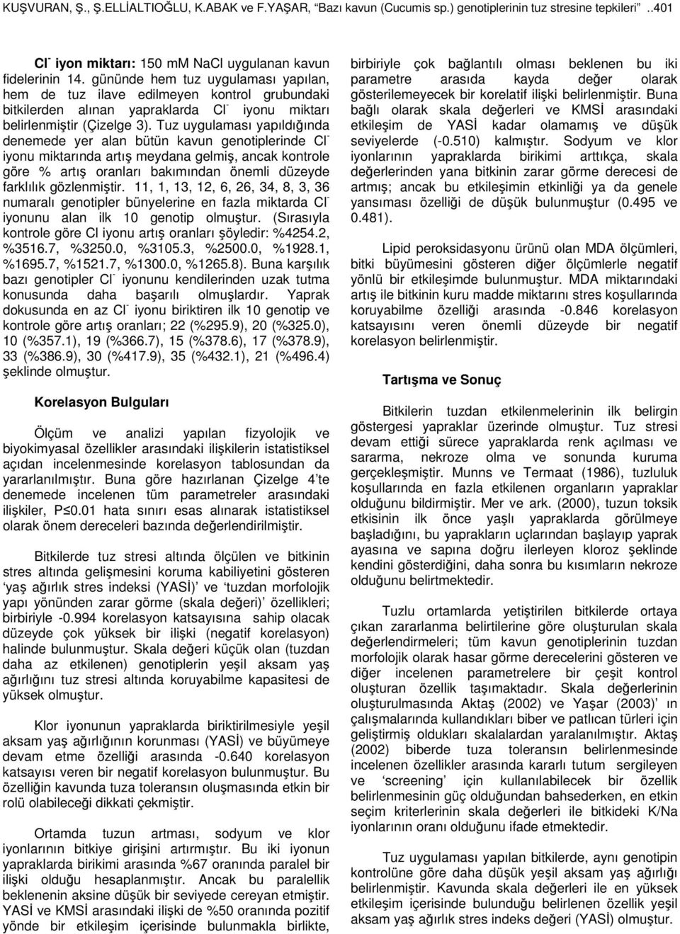 Tuz uygulaması yapıldığında denemede yer alan bütün kavun genotiplerinde Cl - iyonu miktarında artış meydana gelmiş, ancak kontrole göre % artış oranları bakımından önemli düzeyde farklılık