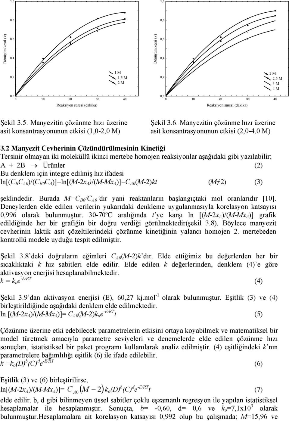 2 Manyezit Cevherinin Çözündürülmesinin Kinetiği Tersinir olmayan iki moleküllü ikinci mertebe homojen reaksiyonlar aşağıdaki gibi yazılabilir; A + 2B Ürünler (2) Bu denklem için integre edilmiş hız