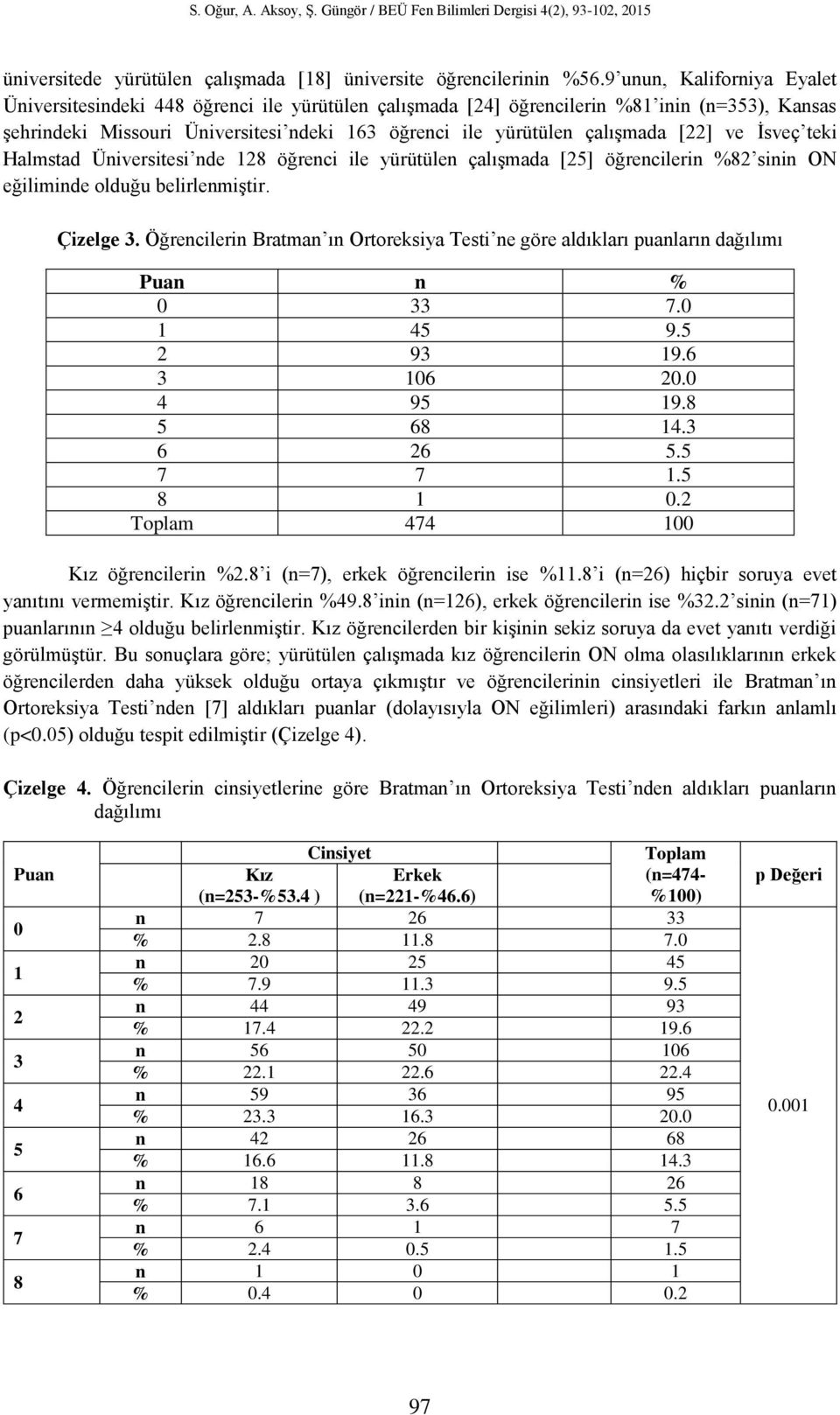 [22] ve İsveç teki Halmstad Üniversitesi nde 128 öğrenci ile yürütülen çalışmada [25] öğrencilerin %82 sinin ON eğiliminde olduğu belirlenmiştir. Çizelge 3.