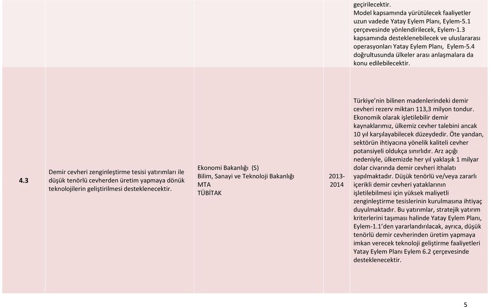 3 Demir cevheri zenginleştirme tesisi yatırımları ile düşük tenörlü cevherden üretim yapmaya dönük teknolojilerin geliştirilmesi desteklenecektir.