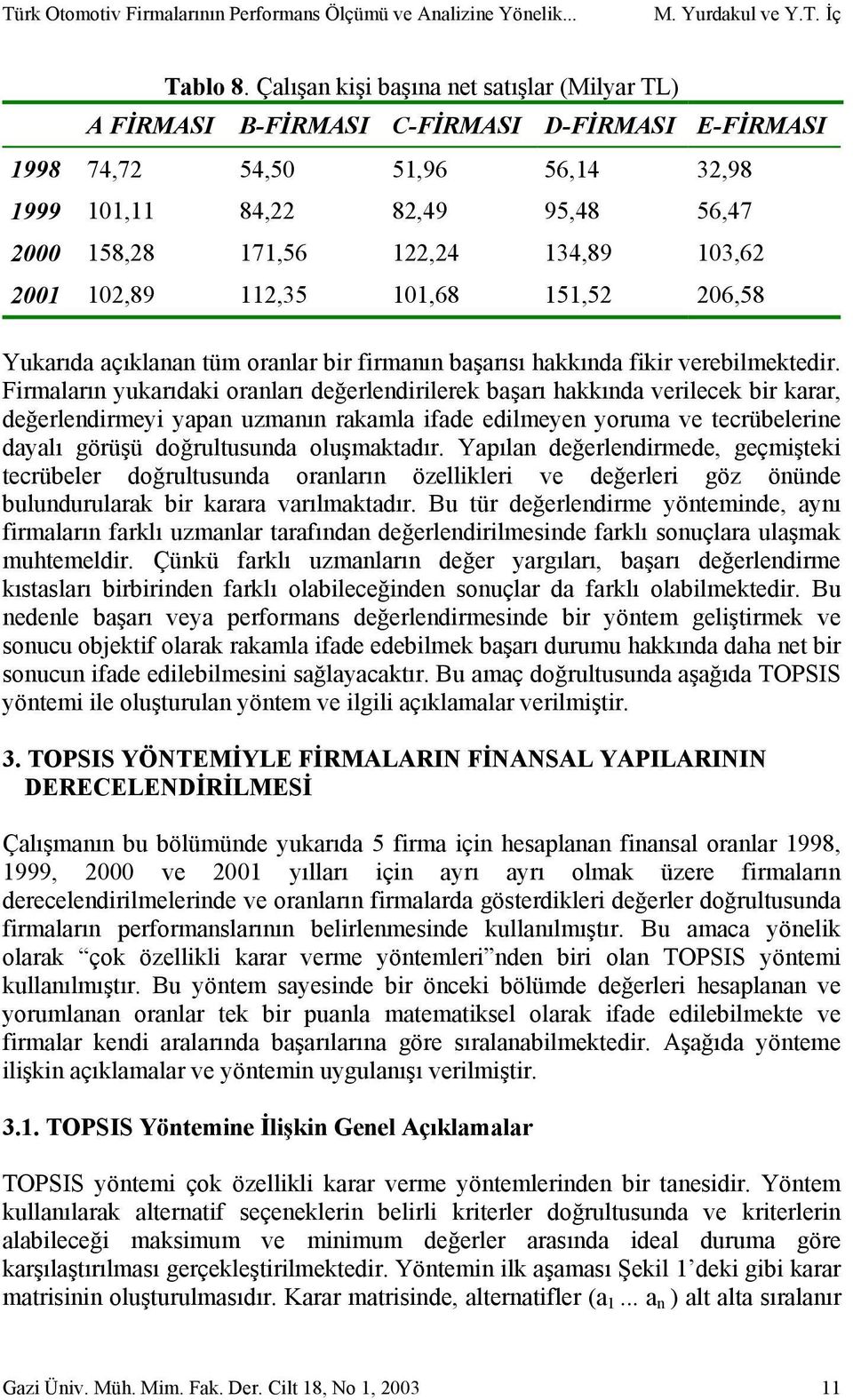 2001 102,89 112,35 101,68 151,52 206,58 Yukarıda açıklanan tüm oranlar bir firmanın başarısı hakkında fikir verebilmektedir.