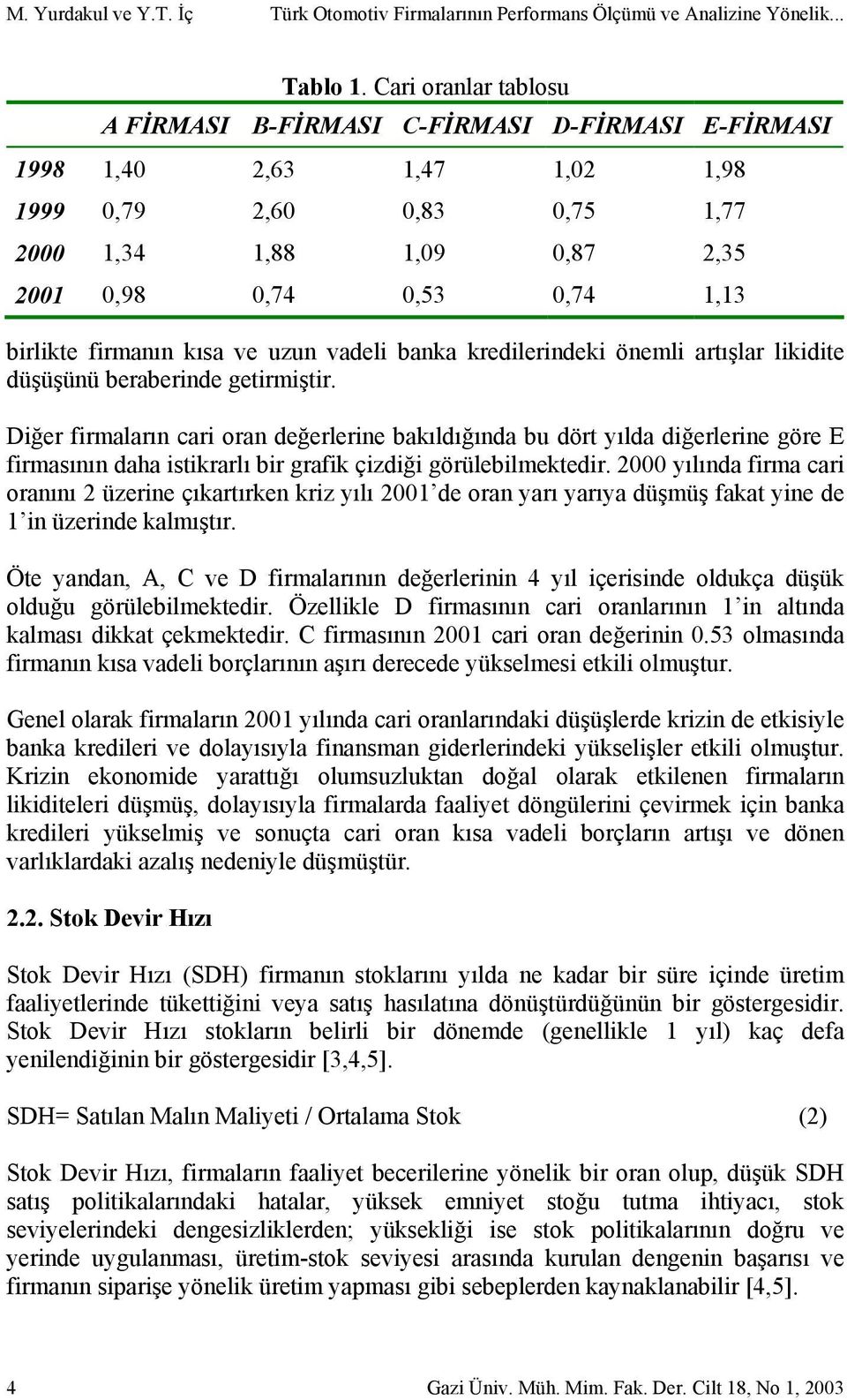 Diğer firmaların cari oran değerlerine bakıldığında bu dört yılda diğerlerine göre E firmasının daha istikrarlı bir grafik çizdiği görülebilmektedir.