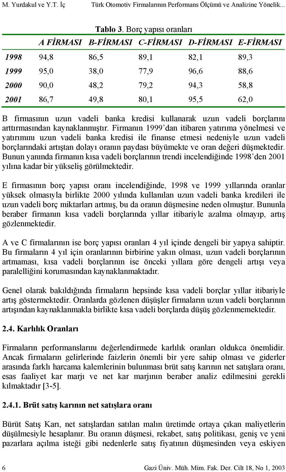 düşmektedir. Bunun yanında firmanın kısa vadeli borçlarının trendi incelendiğinde 1998 den 2001 yılına kadar bir yükseliş görülmektedir.