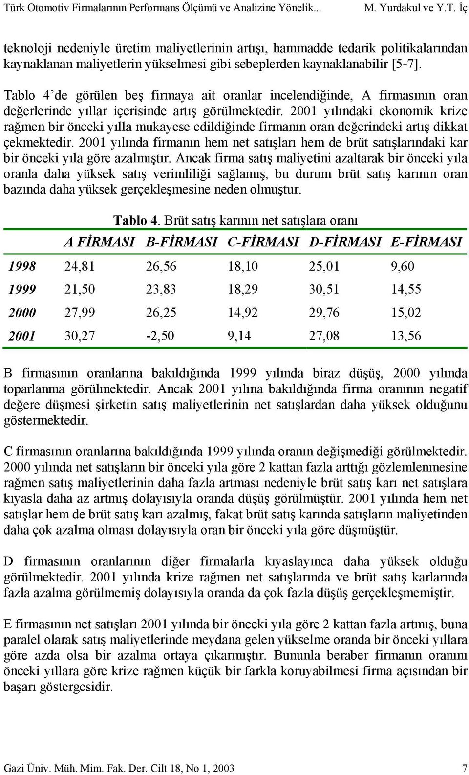 2001 yılındaki ekonomik krize rağmen bir önceki yılla mukayese edildiğinde firmanın oran değerindeki artış dikkat çekmektedir.