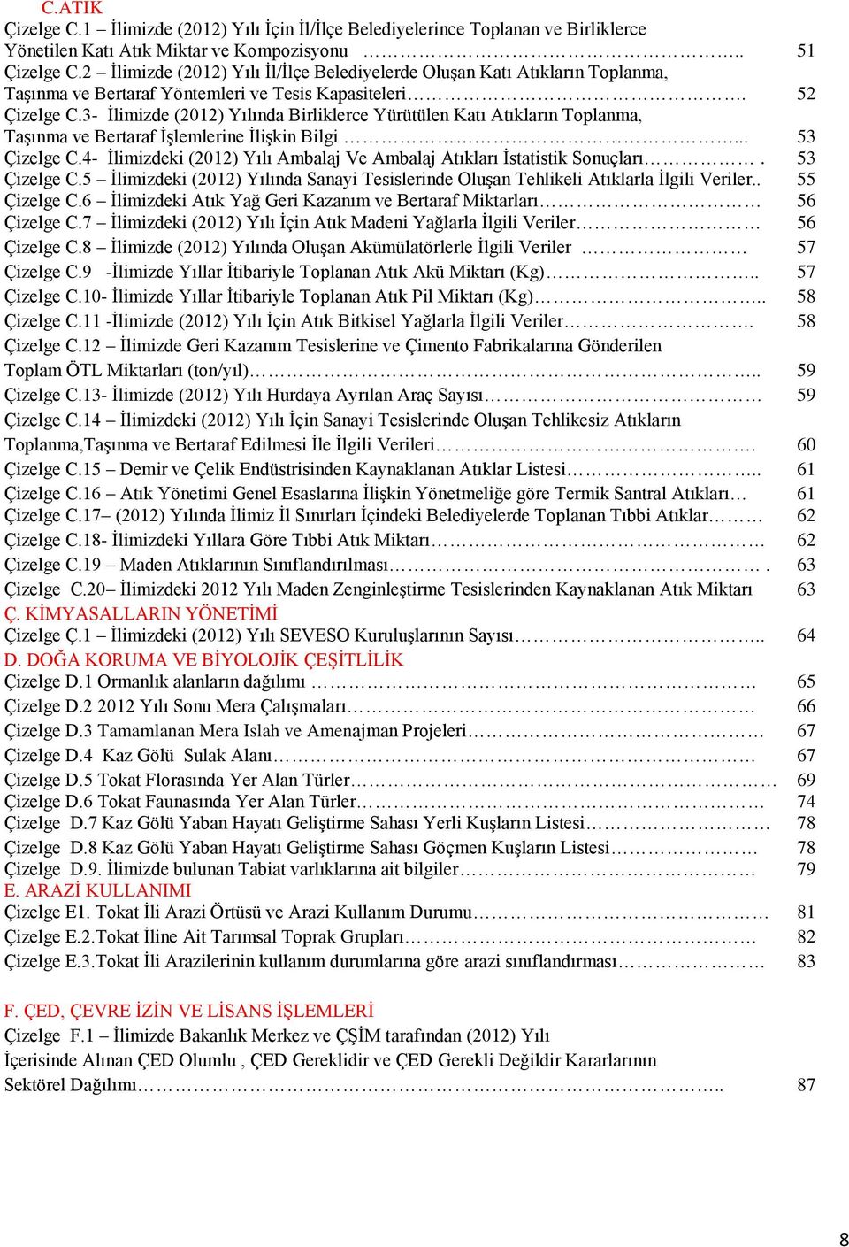 3- Ġlimizde (202) Yılında Birliklerce Yürütülen Katı Atıkların Toplanma TaĢınma ve Bertaraf ĠĢlemlerine ĠliĢkin Bilgi... 53 Çizelge C.