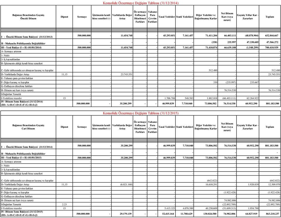 457 71.411.204 66.403.111 (48.878.904) 652.844.667 II - Muhasebe Politikasında Değişiklikler - (330) 235.997 47.330.605 47.566.272 III - Yeni Bakiye (I + II) (01/01/2014) 500.000.000-11.454.748 45.